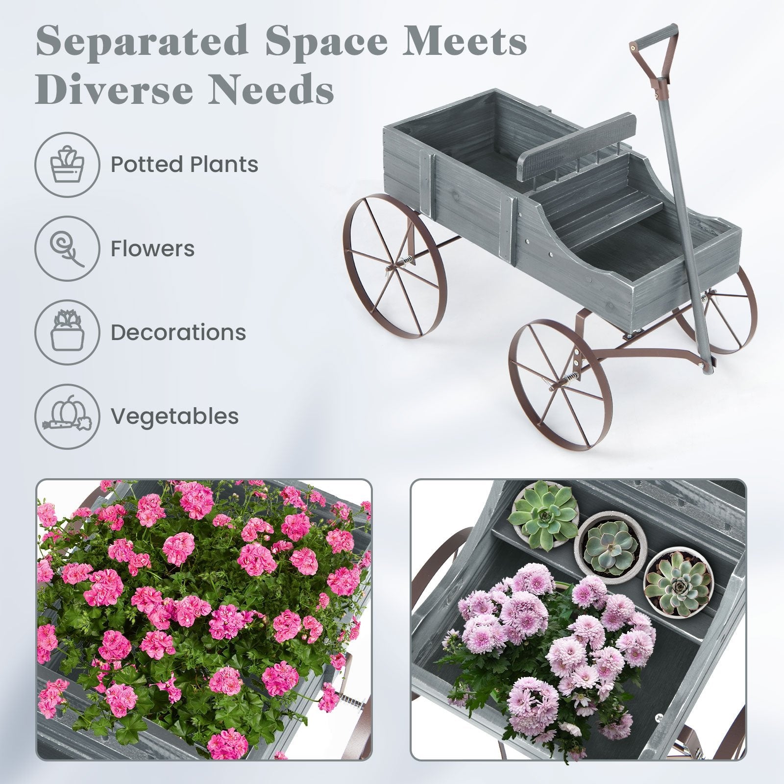 Wooden Wagon Plant Bed with Metal Wheels for Garden Yard Patio, Gray Plant Stands   at Gallery Canada