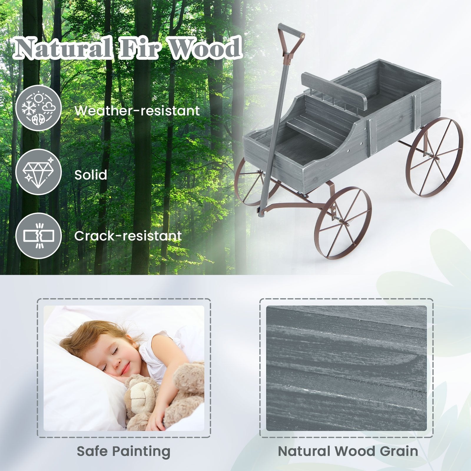 Wooden Wagon Plant Bed with Metal Wheels for Garden Yard Patio, Gray Plant Stands   at Gallery Canada