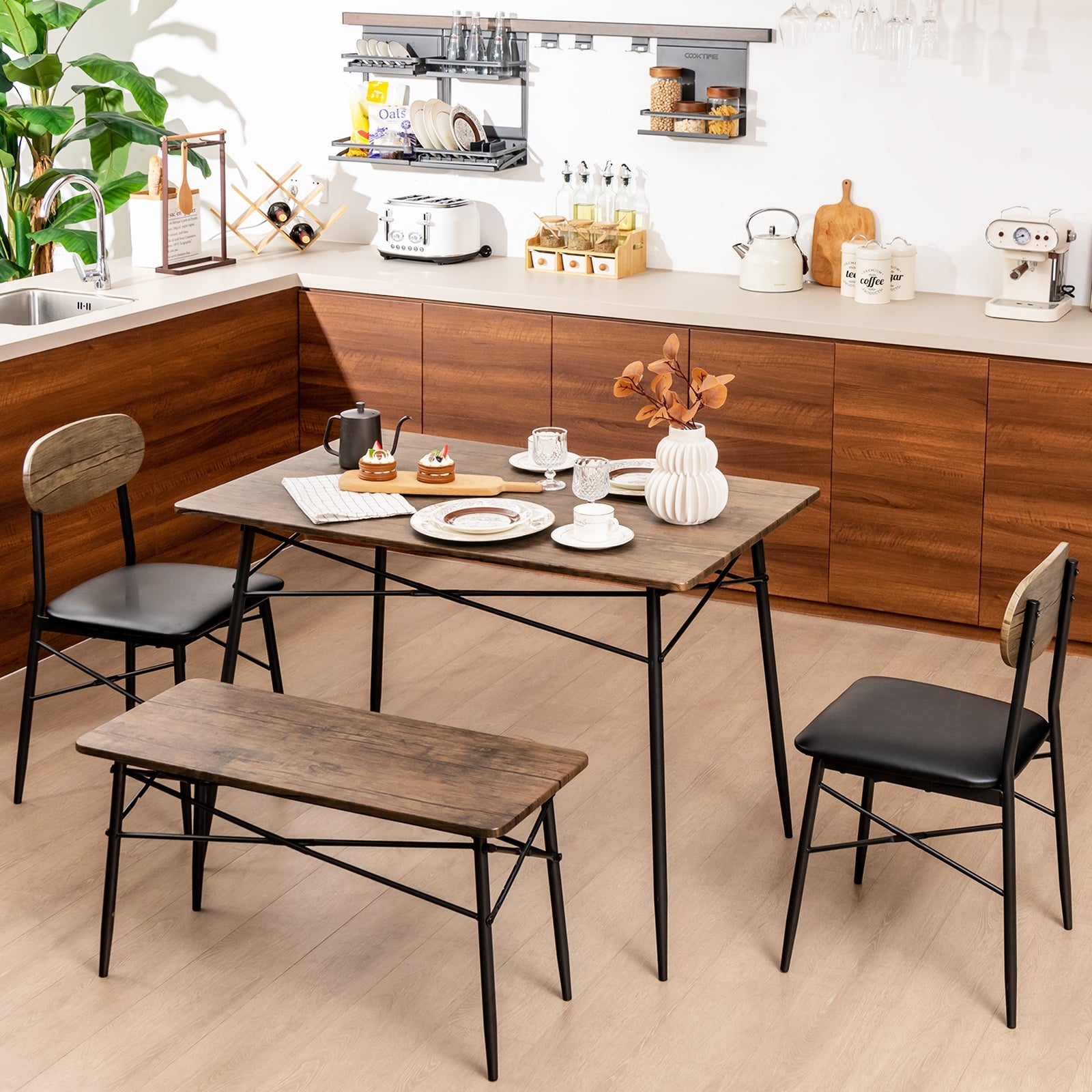 4 Piece Dining Table Set with Bench and 2 Chairs, Brown Dining Room Sets at Gallery Canada