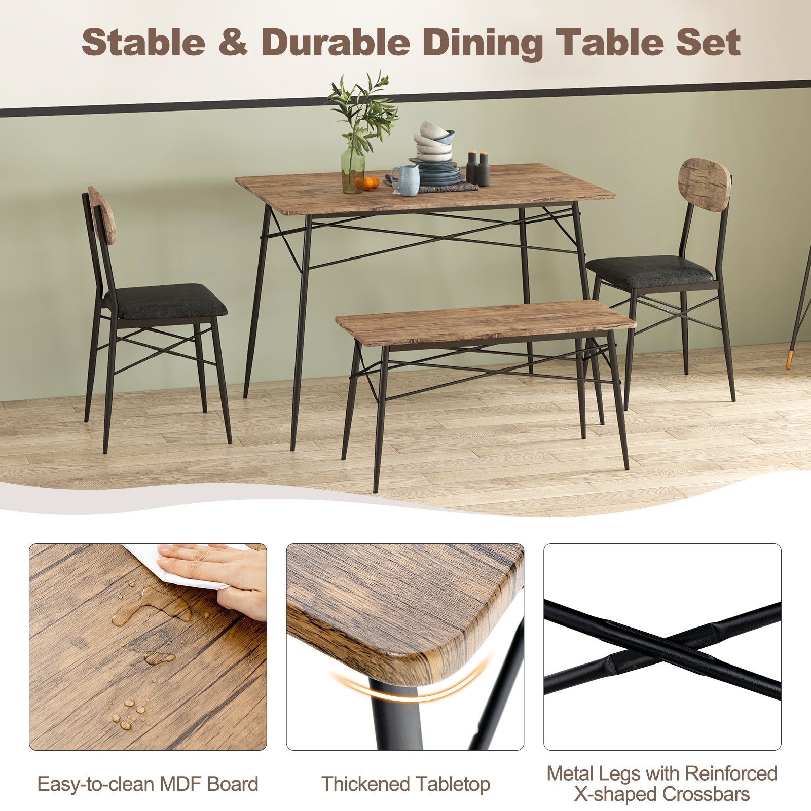 4 Piece Dining Table Set with Bench and 2 Chairs, Brown Dining Room Sets at Gallery Canada