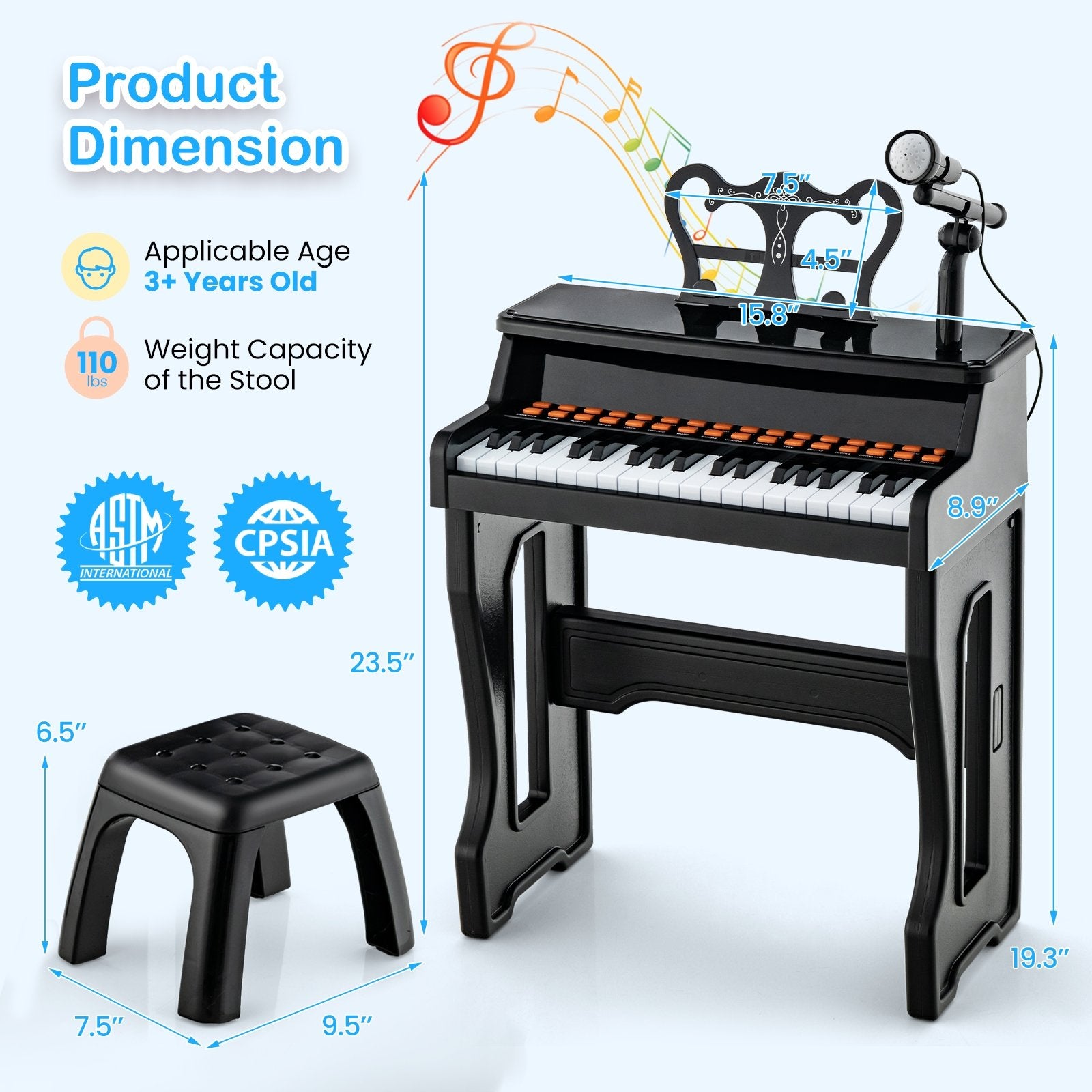 37 Keys Music Piano with Microphone Kids Piano Keyboard with Detachable Music Stand, Black Pianos & Keyboards   at Gallery Canada