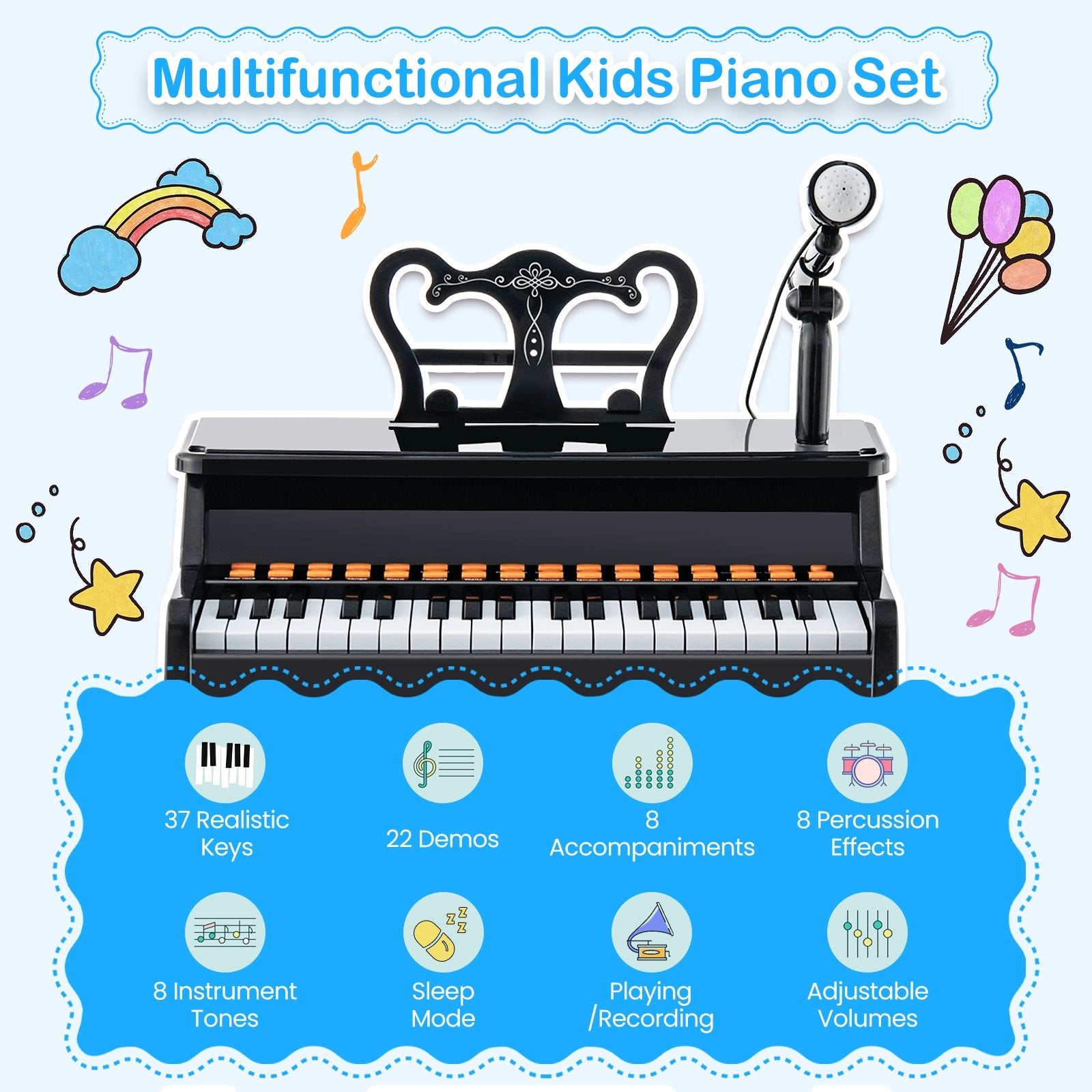 37 Keys Music Piano with Microphone Kids Piano Keyboard with Detachable Music Stand, Black Pianos & Keyboards   at Gallery Canada