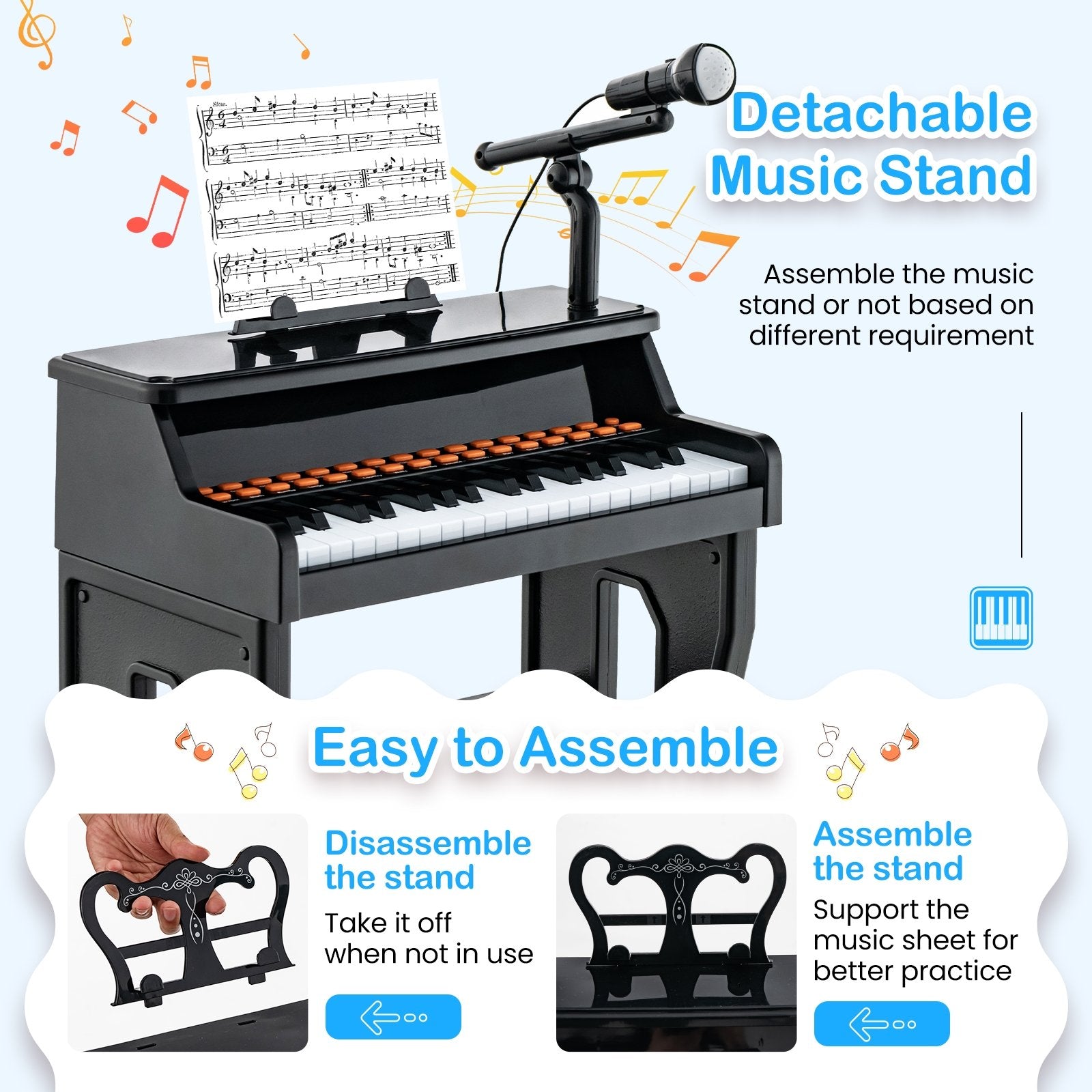 37 Keys Music Piano with Microphone Kids Piano Keyboard with Detachable Music Stand, Black Pianos & Keyboards   at Gallery Canada