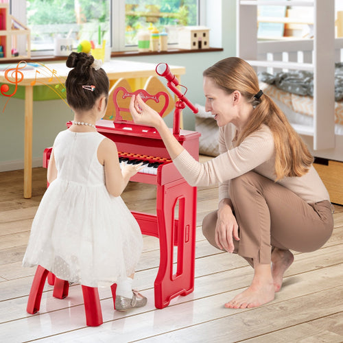 37 Keys Music Piano with Microphone Kids Piano Keyboard with Detachable Music Stand, Red