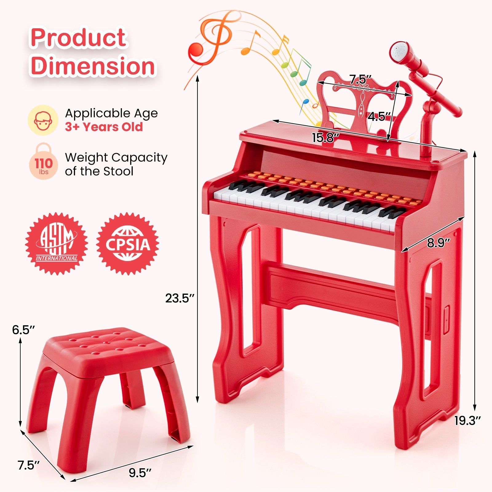 37 Keys Music Piano with Microphone Kids Piano Keyboard with Detachable Music Stand, Red Pianos & Keyboards   at Gallery Canada