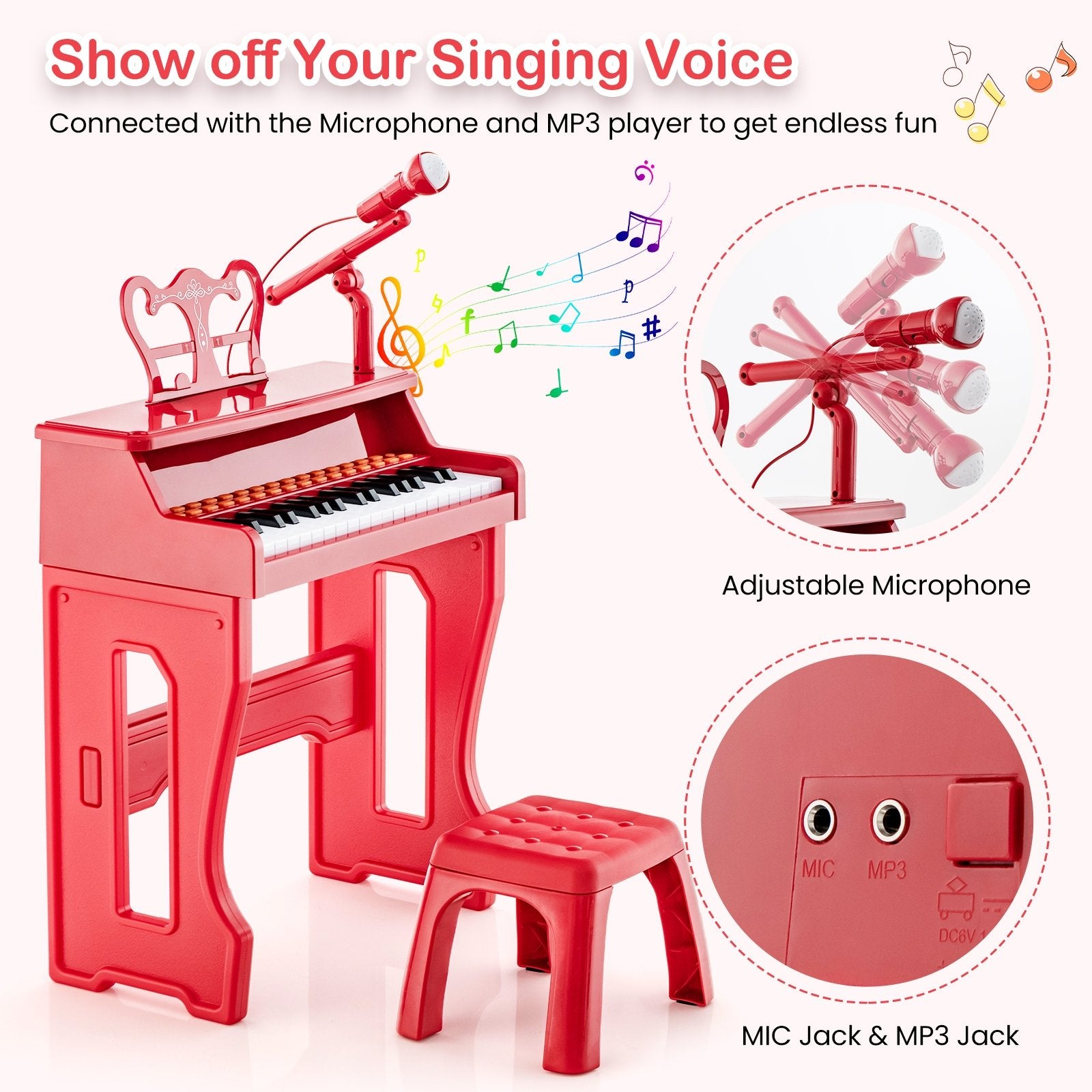 37 Keys Music Piano with Microphone Kids Piano Keyboard with Detachable Music Stand, Red Pianos & Keyboards   at Gallery Canada