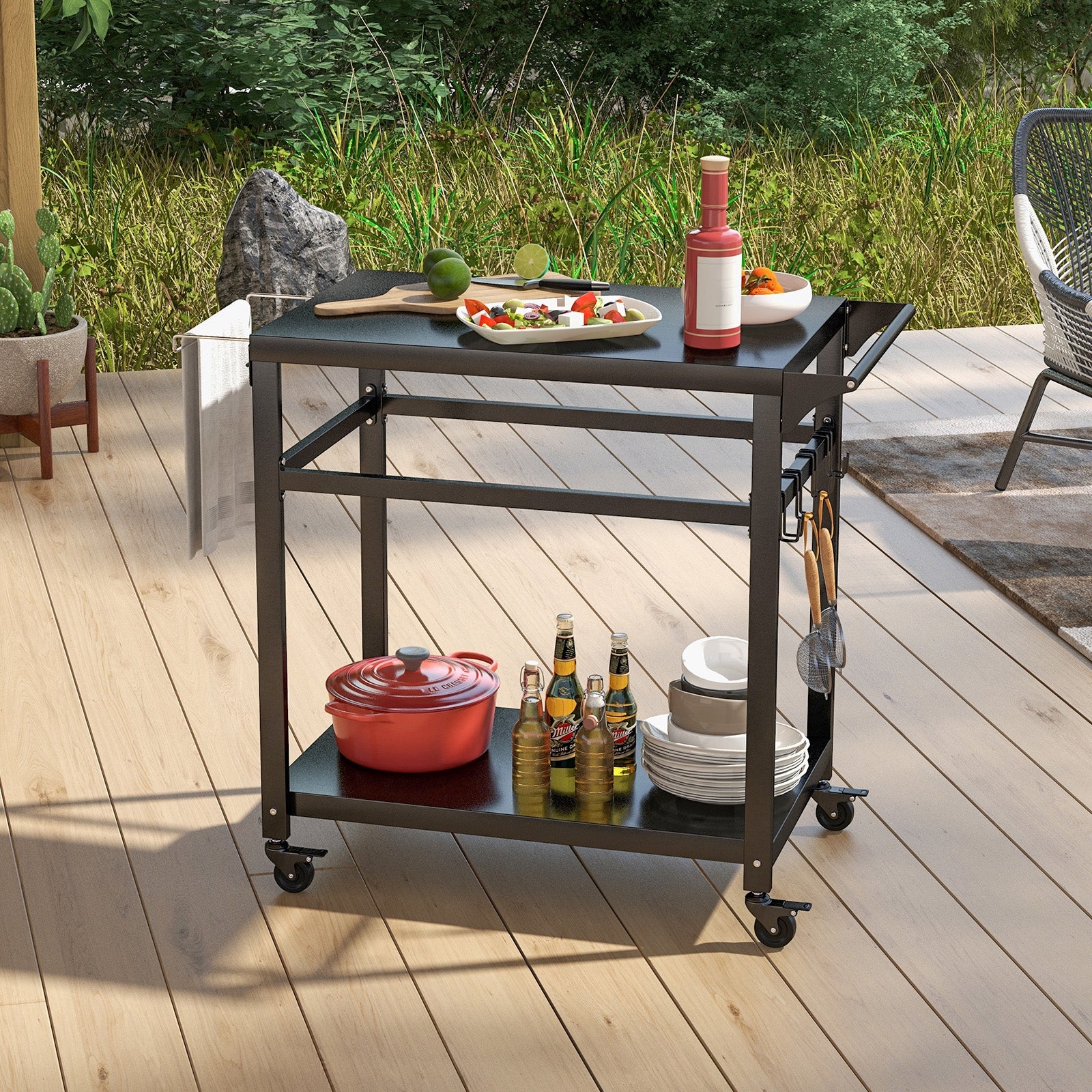 Double-Shelf Movable BBQ Cart with 4 Lockable Wheels, Black Outdoor Grills at Gallery Canada