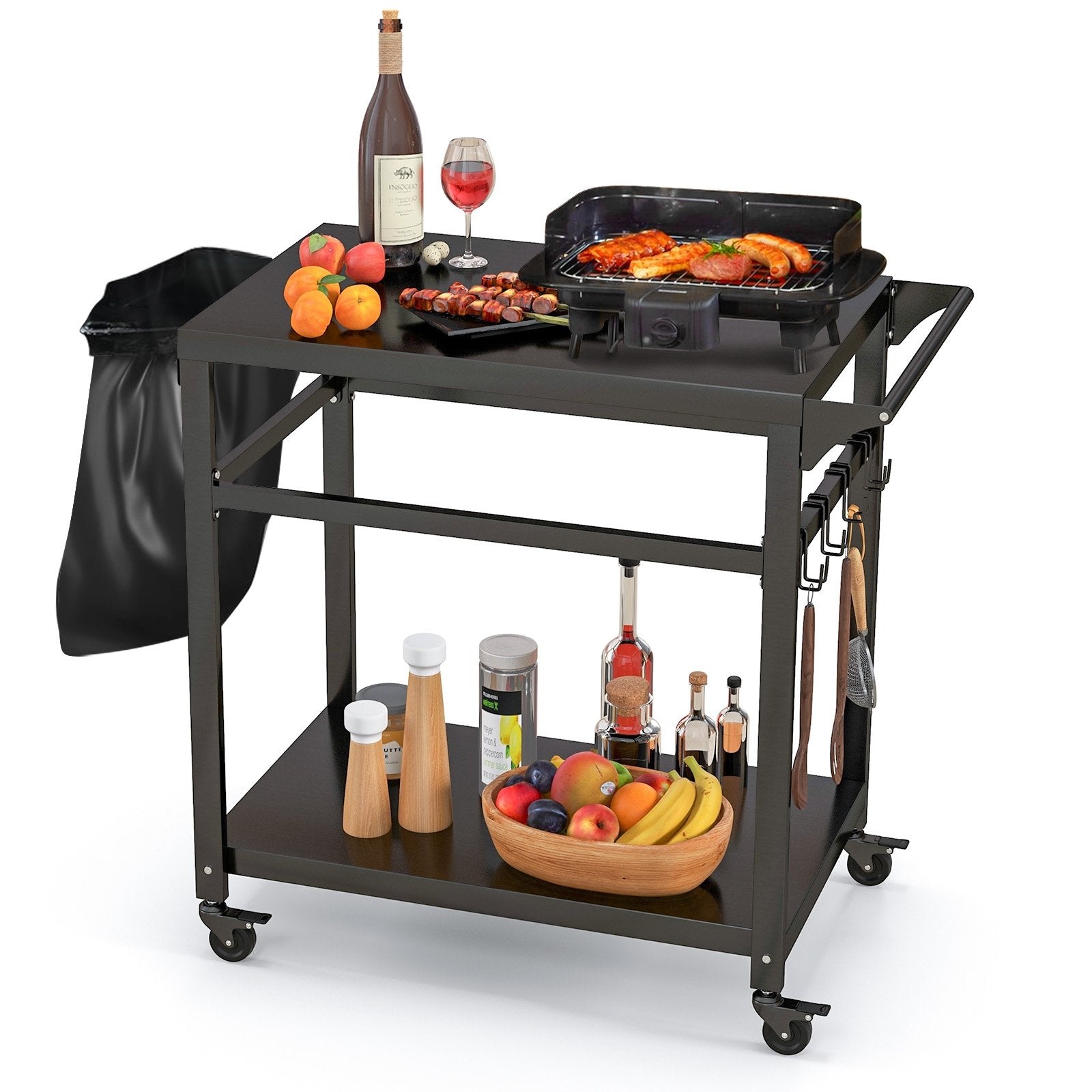 Double-Shelf Movable BBQ Cart with 4 Lockable Wheels, Black Outdoor Grills Black at Gallery Canada