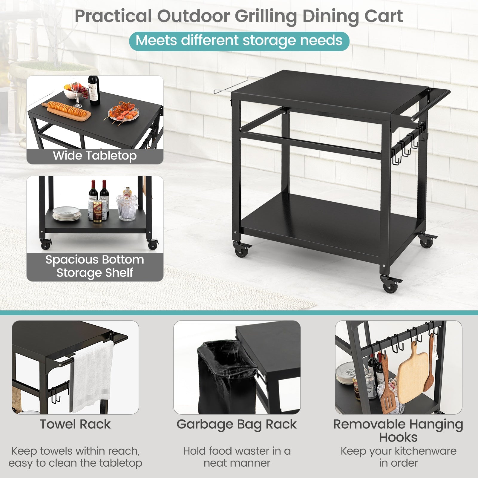 Double-Shelf Movable BBQ Cart with 4 Lockable Wheels, Black Outdoor Grills at Gallery Canada