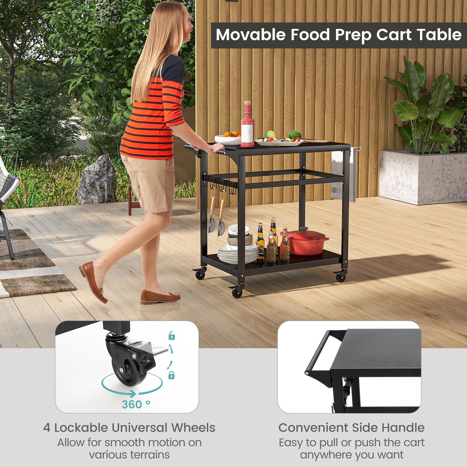 Double-Shelf Movable BBQ Cart with 4 Lockable Wheels, Black Outdoor Grills at Gallery Canada