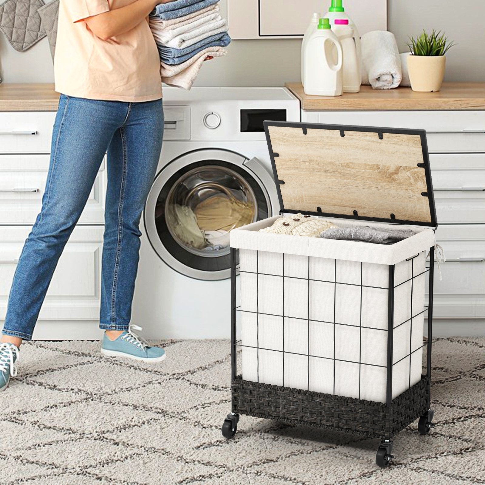 Laundry Hamper with Lid and Lockable Wheels Laundry Baskets   at Gallery Canada