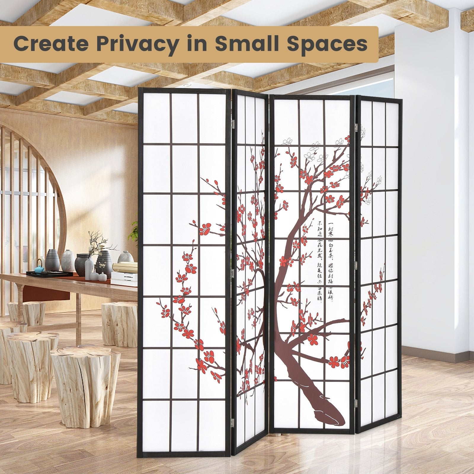 6FT Folding Decorative Oriental Privacy Screen with Plum Blossom Design for Home Office, White Room Dividers   at Gallery Canada