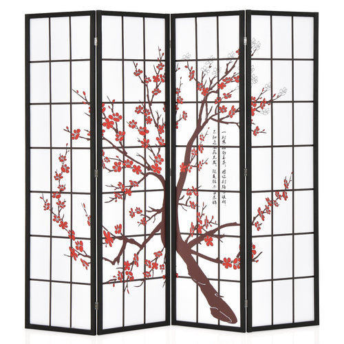 6FT Folding Decorative Oriental Privacy Screen with Plum Blossom Design for Home Office, White