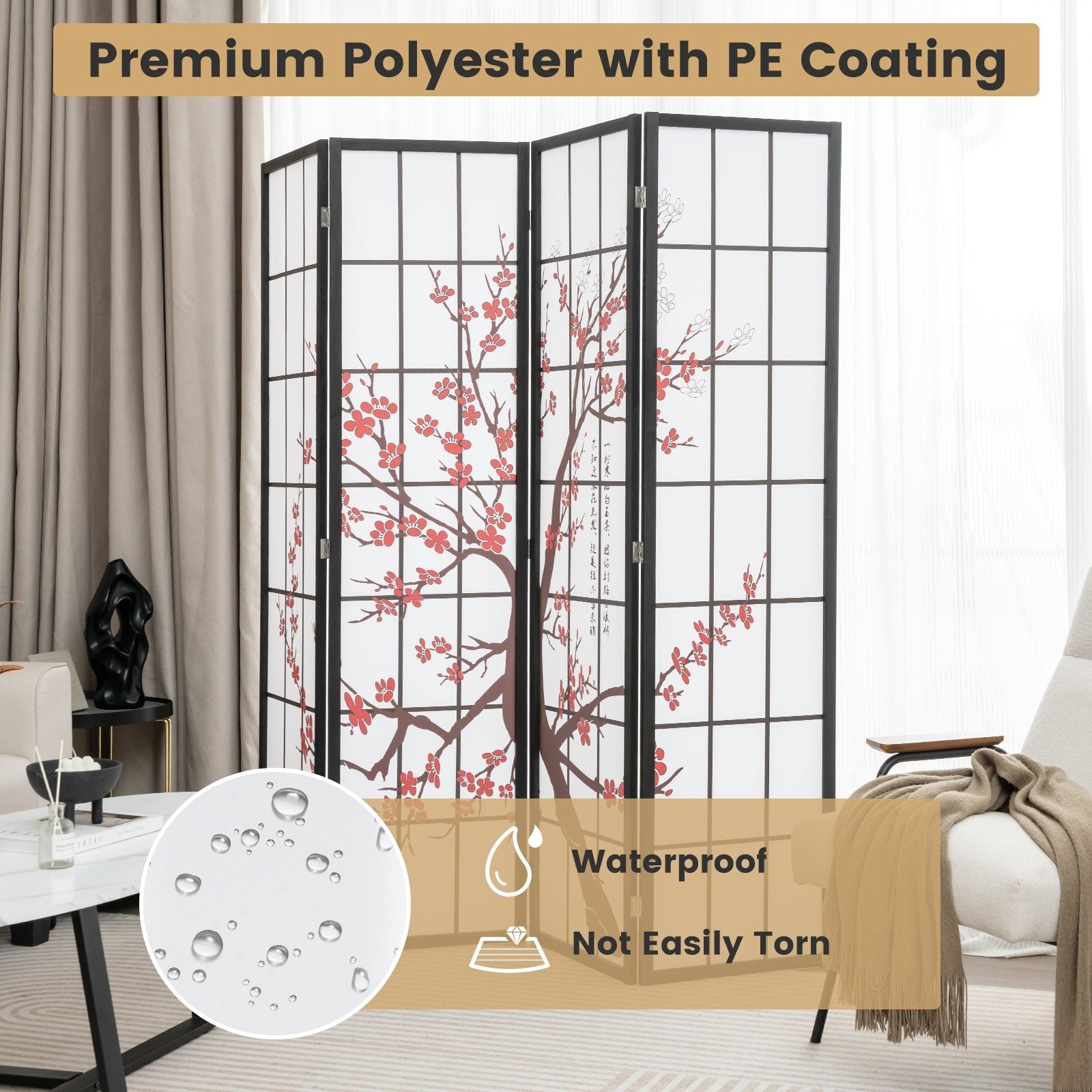 6FT Folding Decorative Oriental Privacy Screen with Plum Blossom Design for Home Office, White Room Dividers   at Gallery Canada