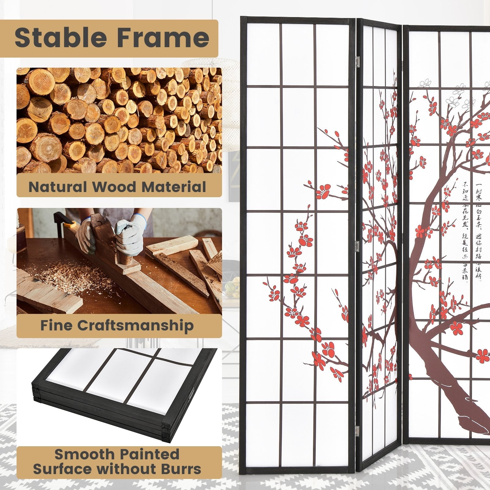 6FT Folding Decorative Oriental Privacy Screen with Plum Blossom Design for Home Office, White Room Dividers   at Gallery Canada