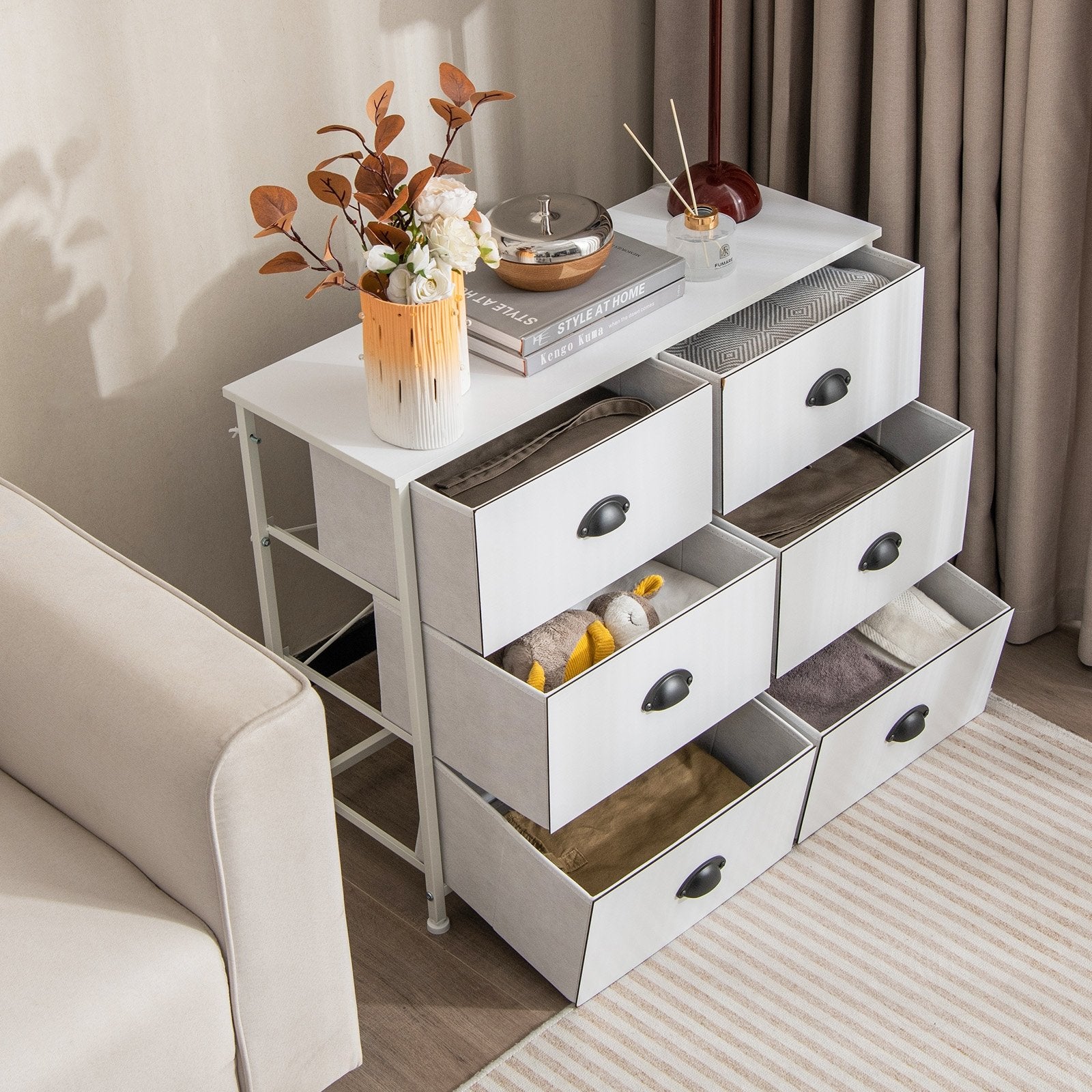 6 Fabric Drawers Storage Chest with Wooden Top, White Dressers & Chests   at Gallery Canada