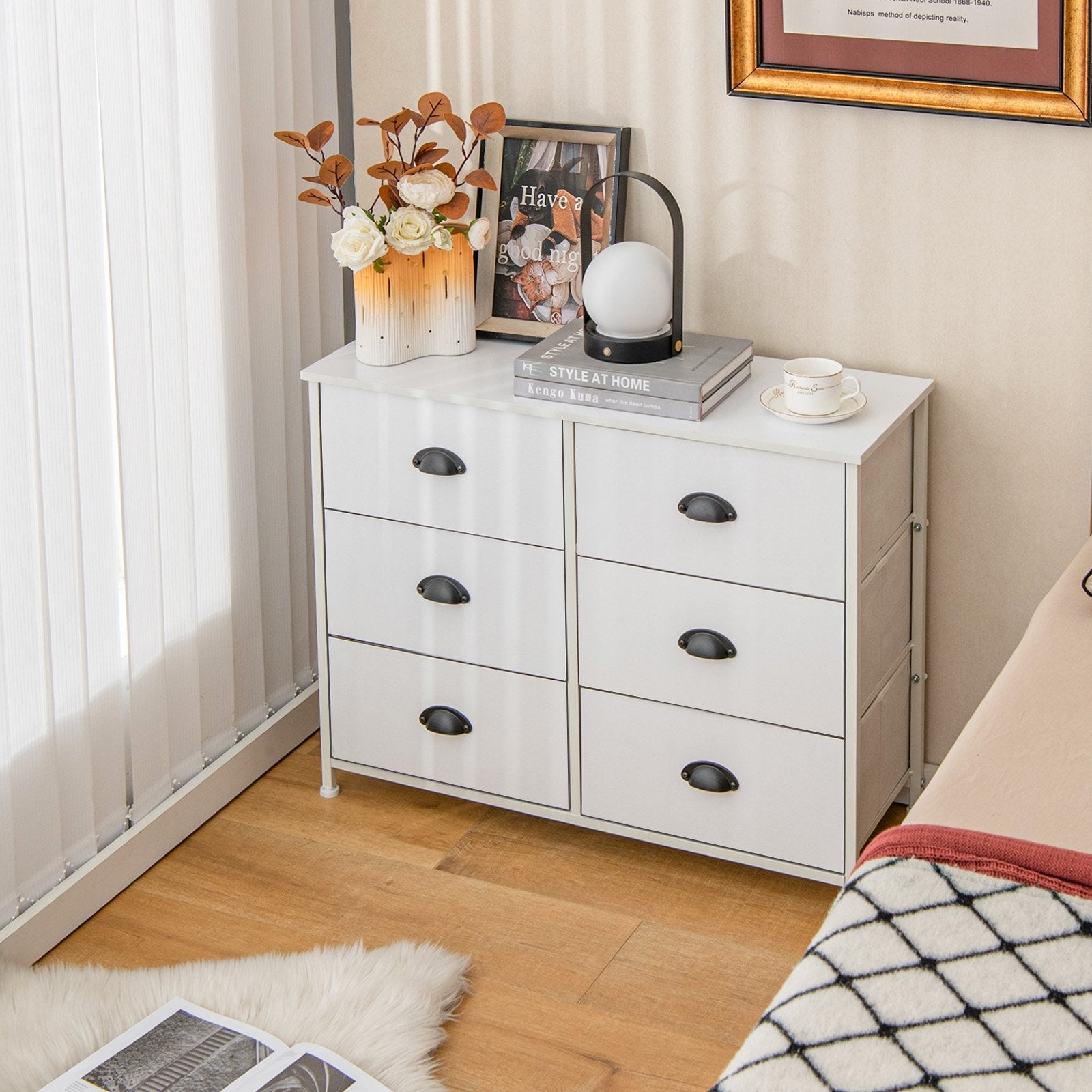 6 Fabric Drawers Storage Chest with Wooden Top, White Dressers & Chests   at Gallery Canada