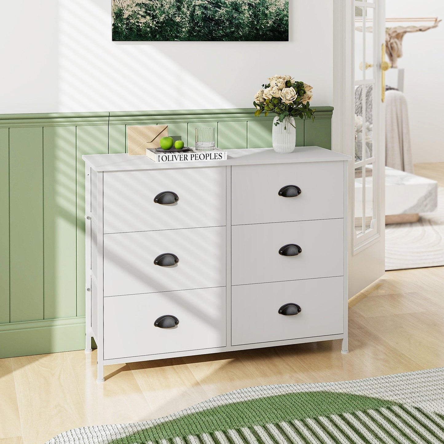 6 Fabric Drawers Storage Chest with Wooden Top, White Dressers & Chests   at Gallery Canada