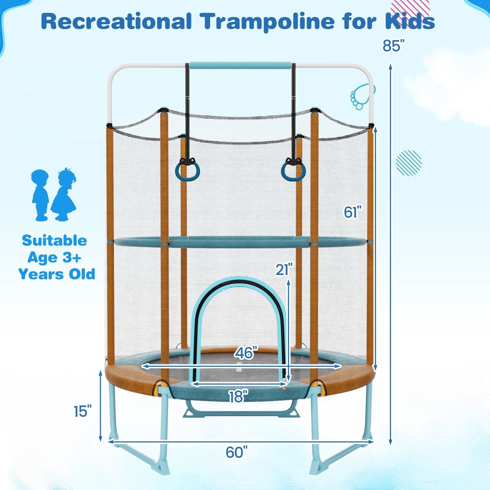 60" Trampoline with Gymnastic Bar and Rings for Kids, Orange Trampolines   at Gallery Canada