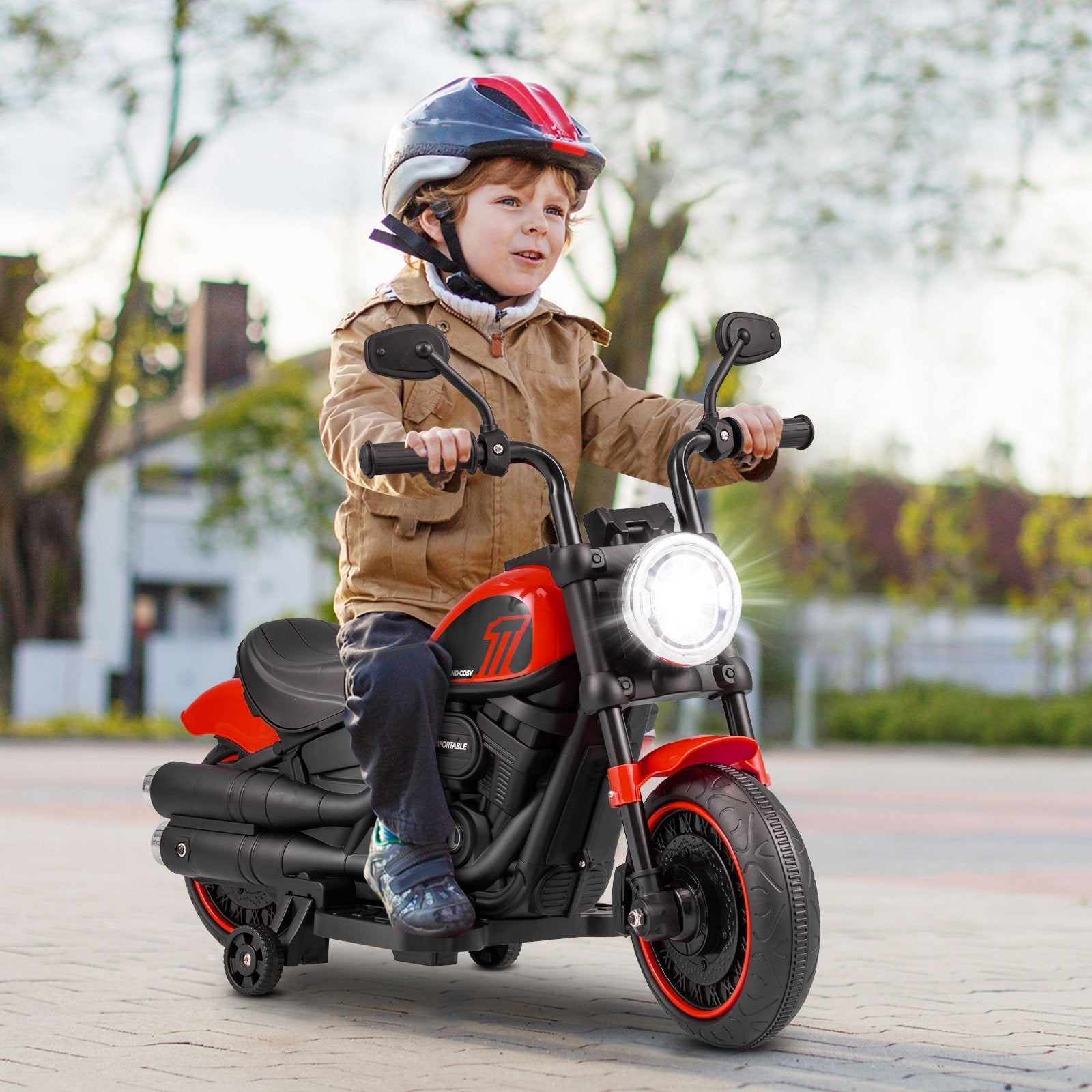 Kids Electric Motorcycle with Training Wheels and LED Headlights, Red Powered Ride On Toys   at Gallery Canada