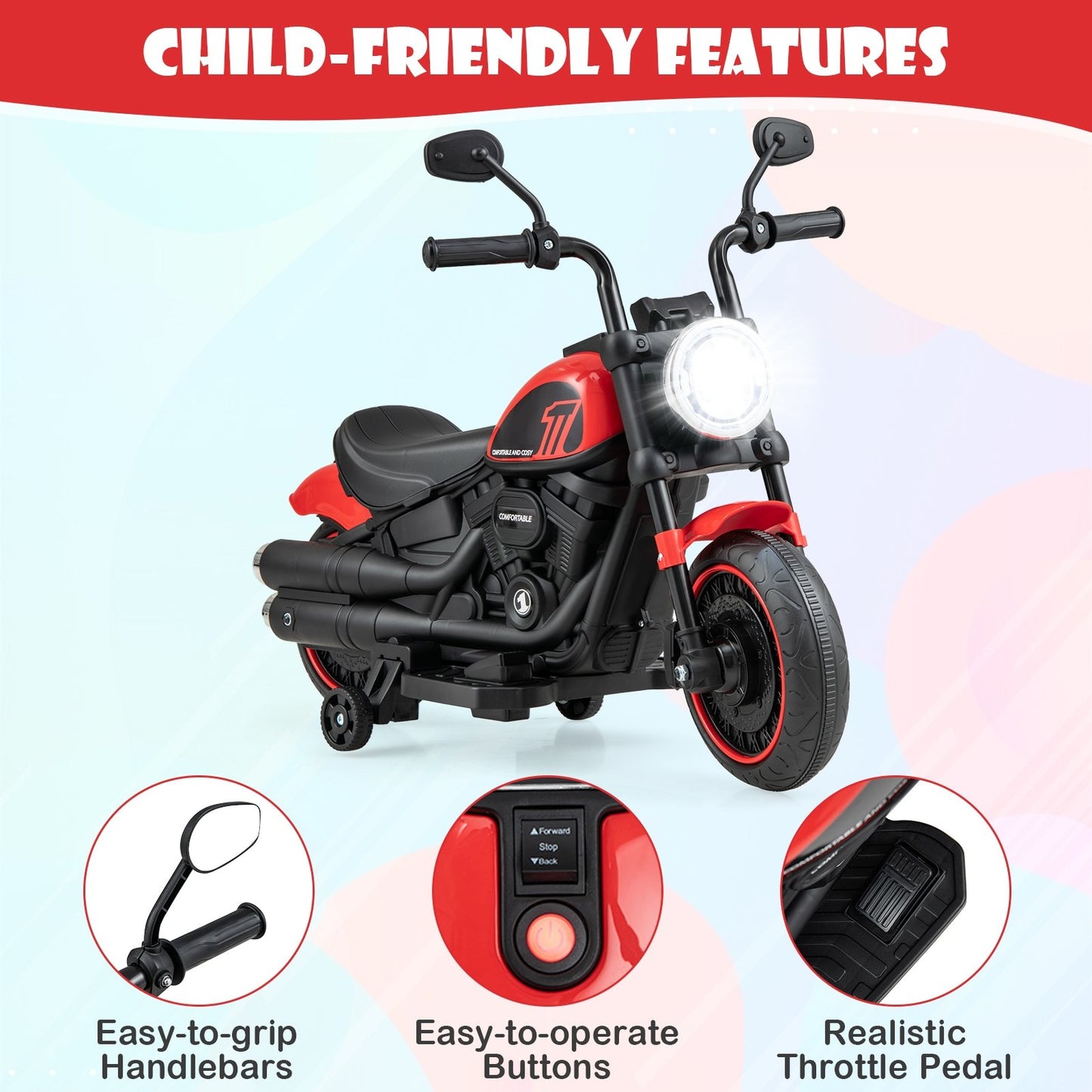 Kids Electric Motorcycle with Training Wheels and LED Headlights, Red Powered Ride On Toys   at Gallery Canada