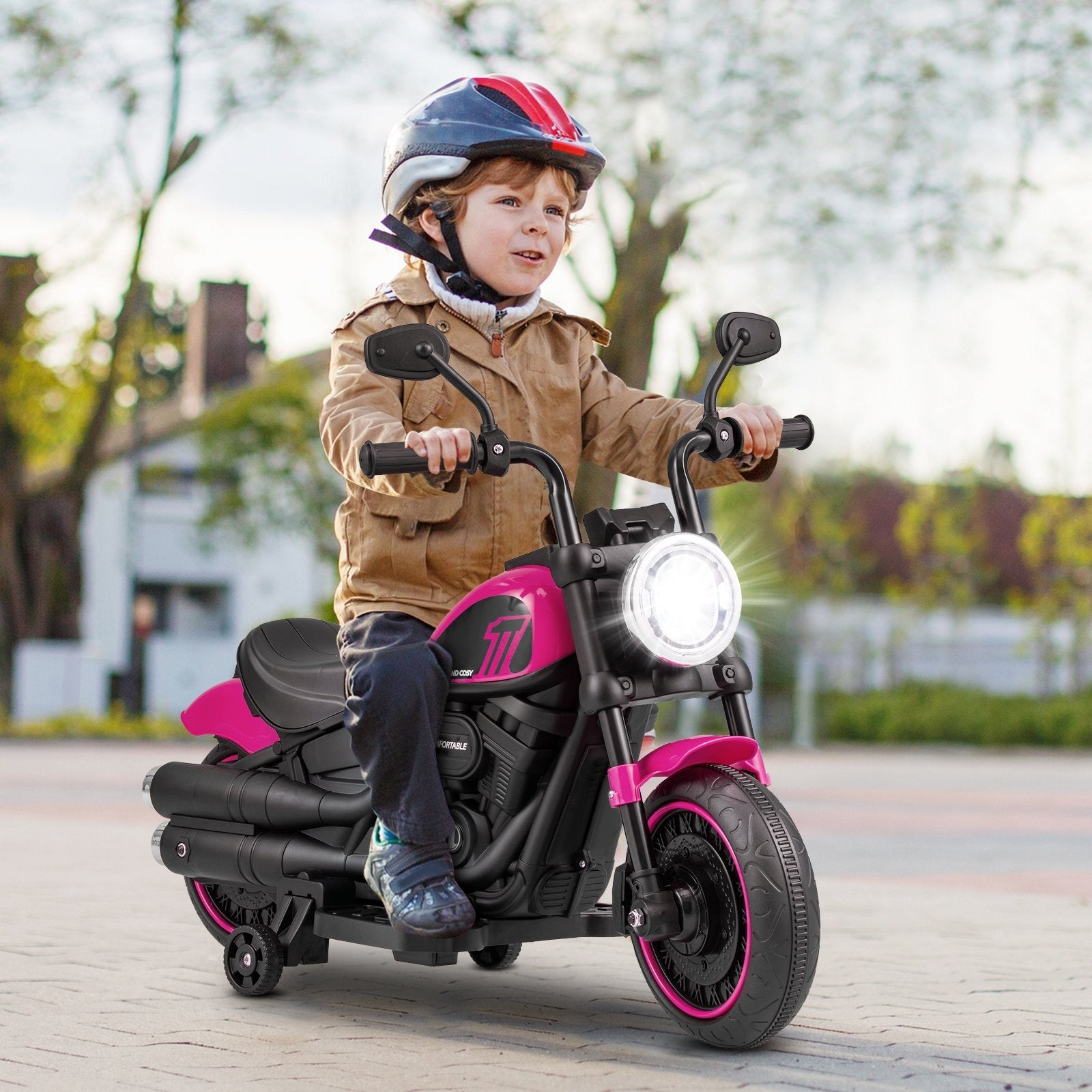 Kids Electric Motorcycle with Training Wheels and LED Headlights, Pink Powered Ride On Toys   at Gallery Canada