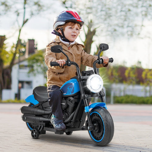 Kids Electric Motorcycle with Training Wheels and LED Headlights, Blue