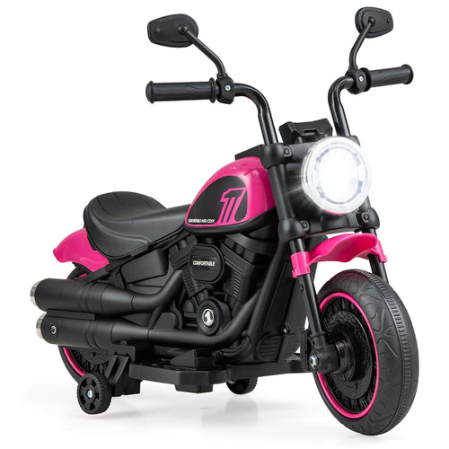 Kids Electric Motorcycle with Training Wheels and LED Headlights, Pink