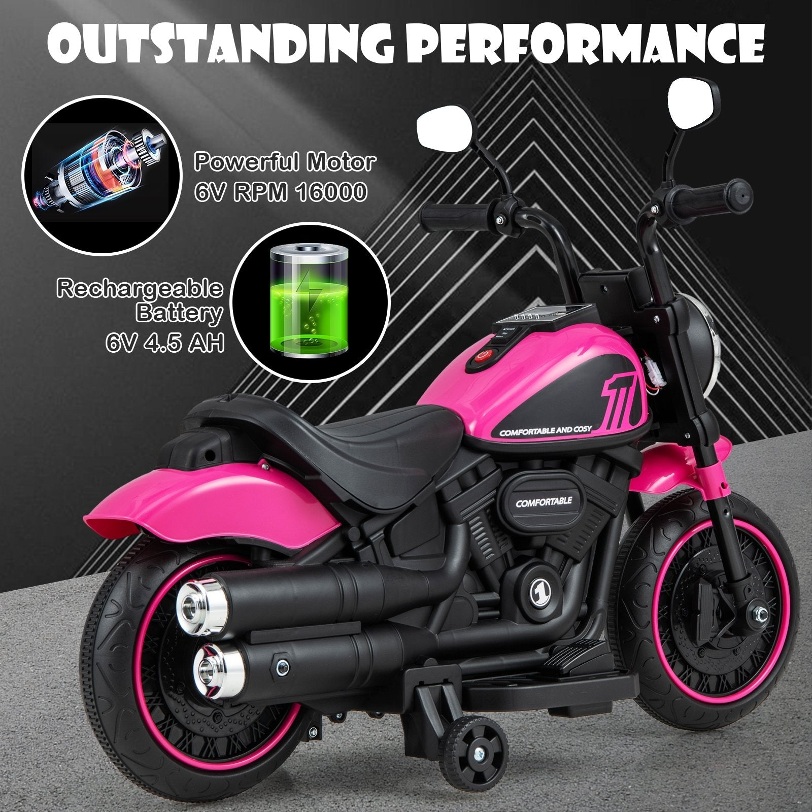 Kids Electric Motorcycle with Training Wheels and LED Headlights, Pink Powered Ride On Toys   at Gallery Canada