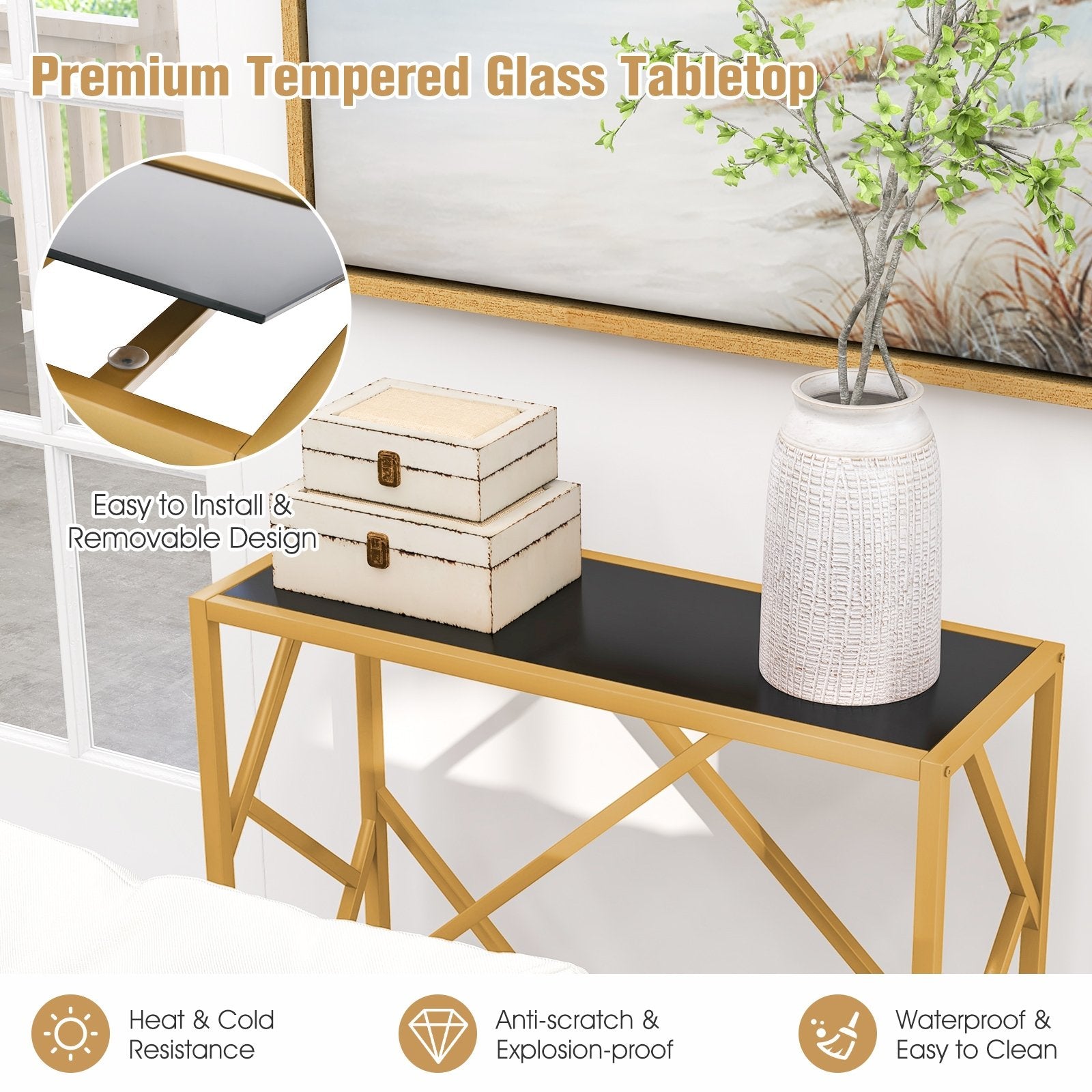 31.5 Inch Golden Heavy-duty Metal Frame Entryway Table with Foot Pads, Black Console Tables   at Gallery Canada