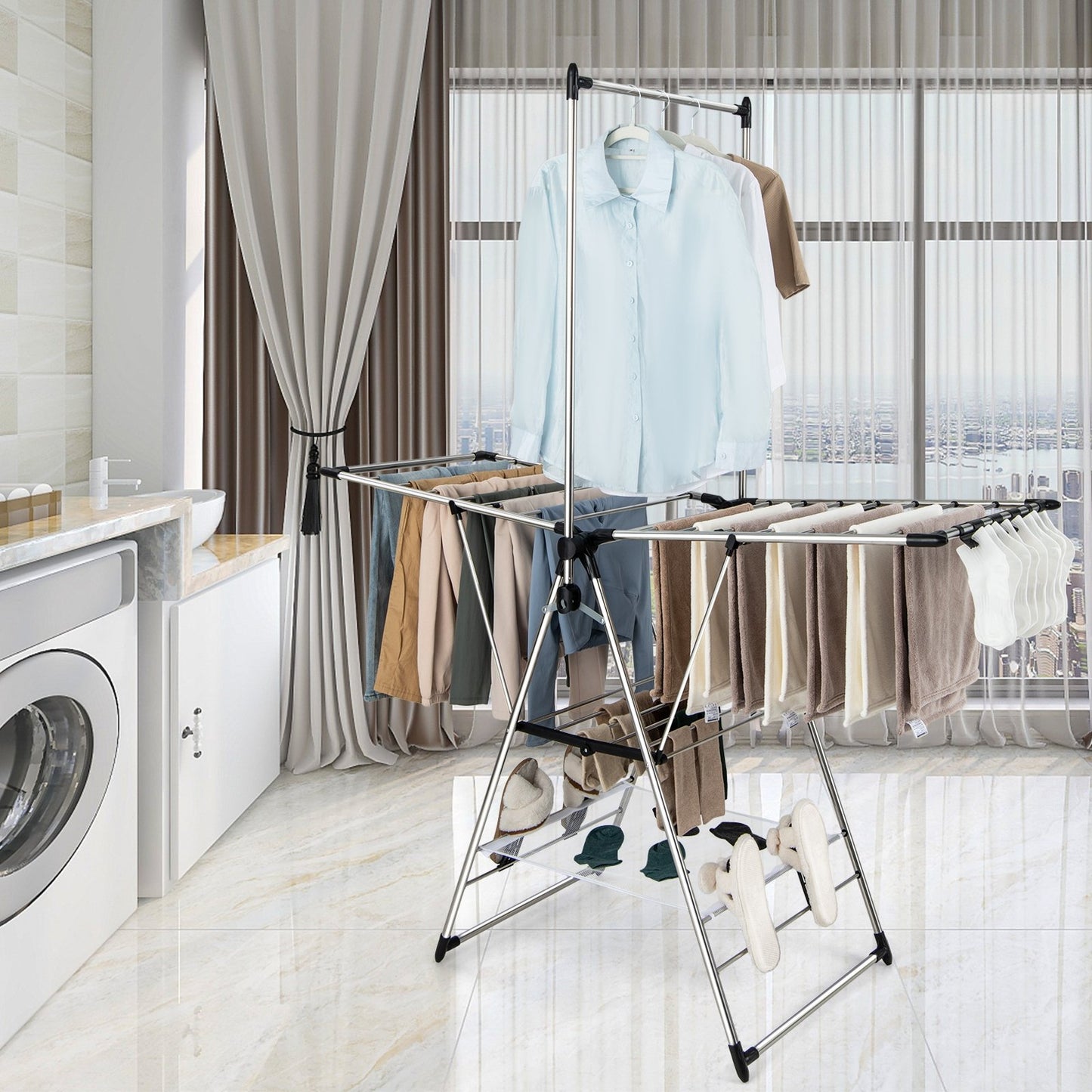 Clothes Drying Rack with 6-Level Adjustable Height, Silver Drying Racks   at Gallery Canada