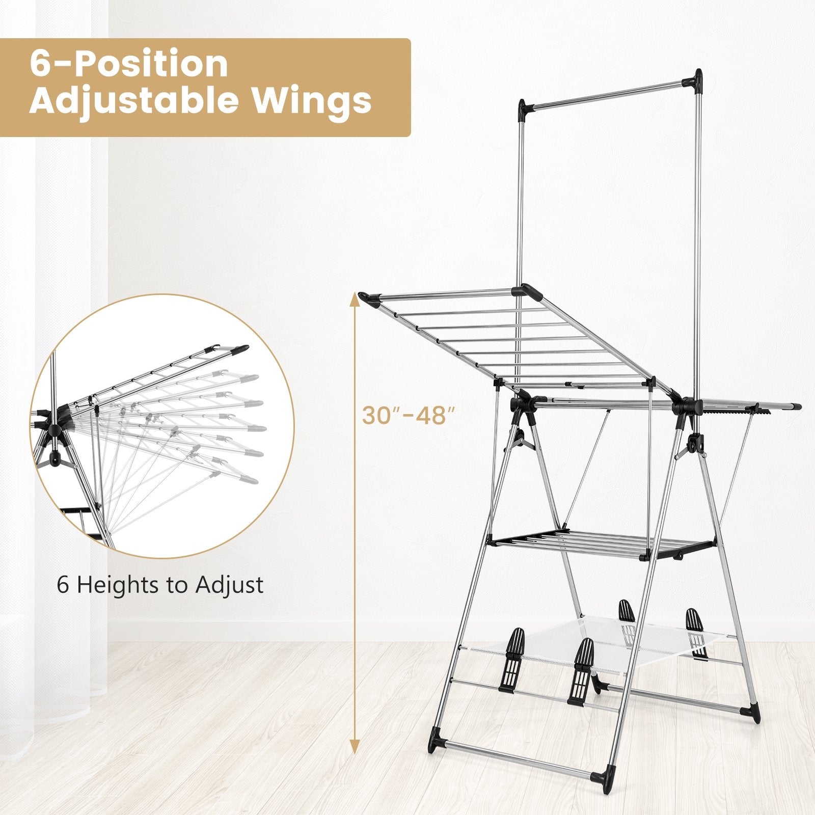 Clothes Drying Rack with 6-Level Adjustable Height, Silver Drying Racks   at Gallery Canada