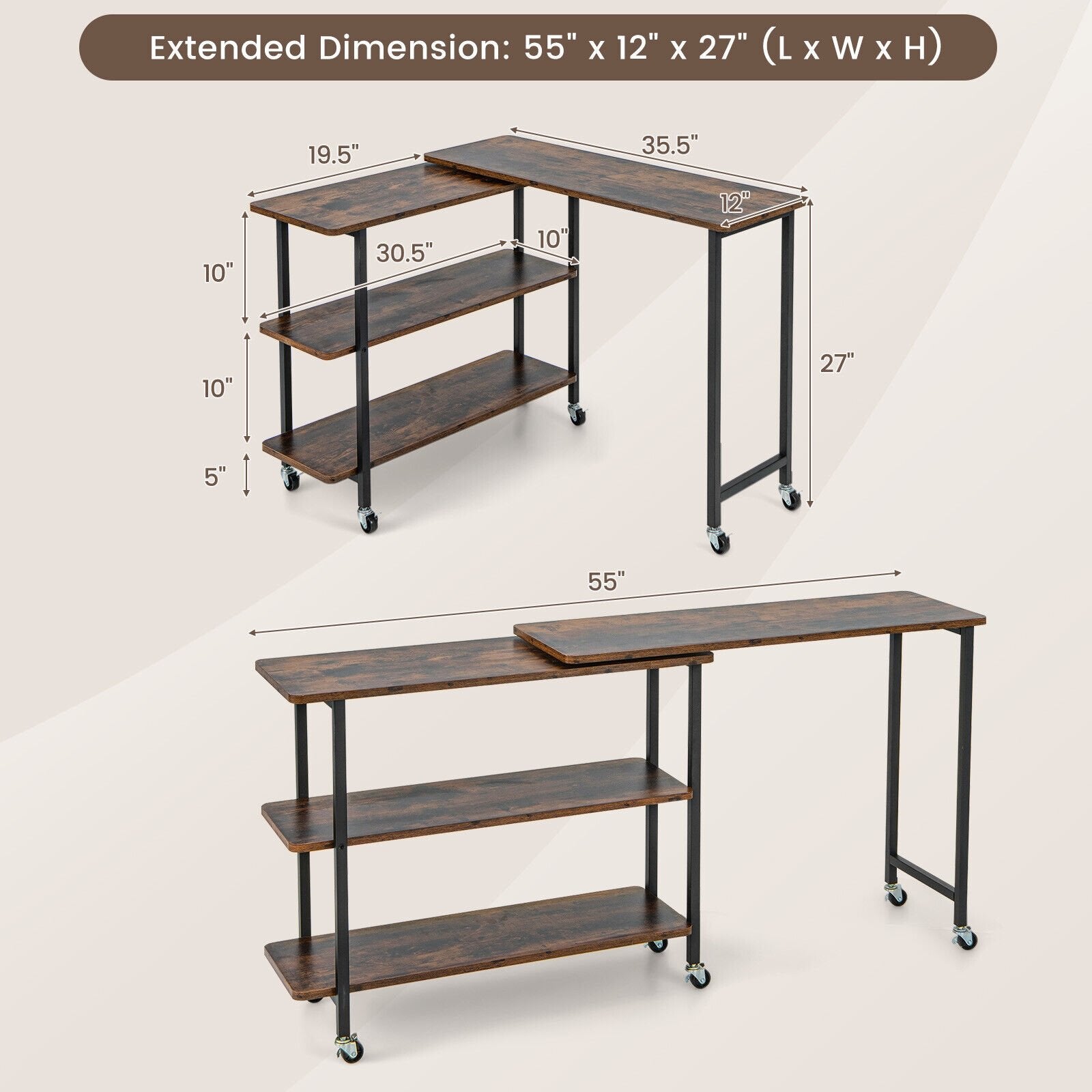 360° Rotating Sofa Side Table with 2-Tier Storage Shelves, Rustic Brown L-Shaped Desks   at Gallery Canada