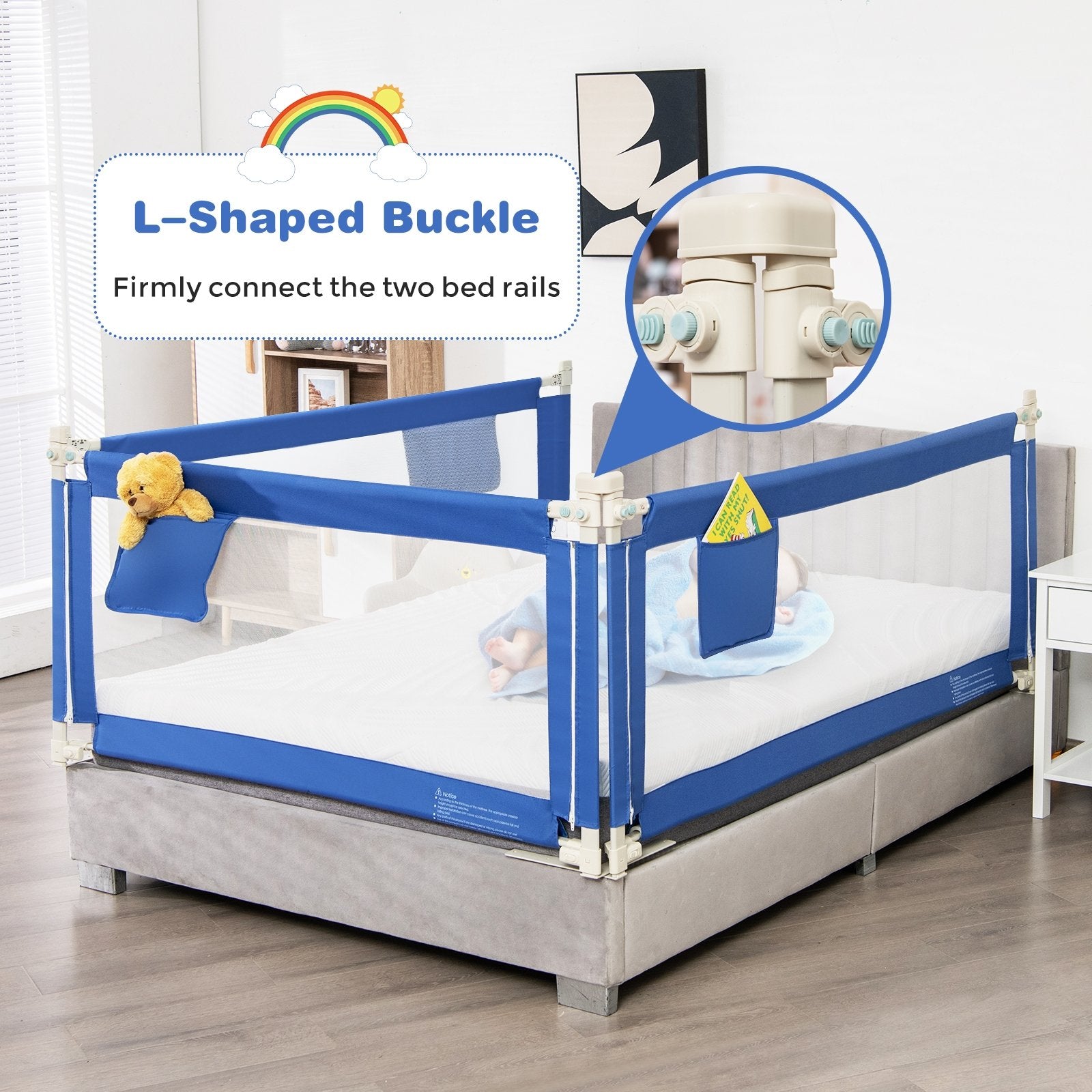 57 Inch Toddlers Vertical Lifting Baby Bed Rail Guard with Lock, Blue - Gallery Canada