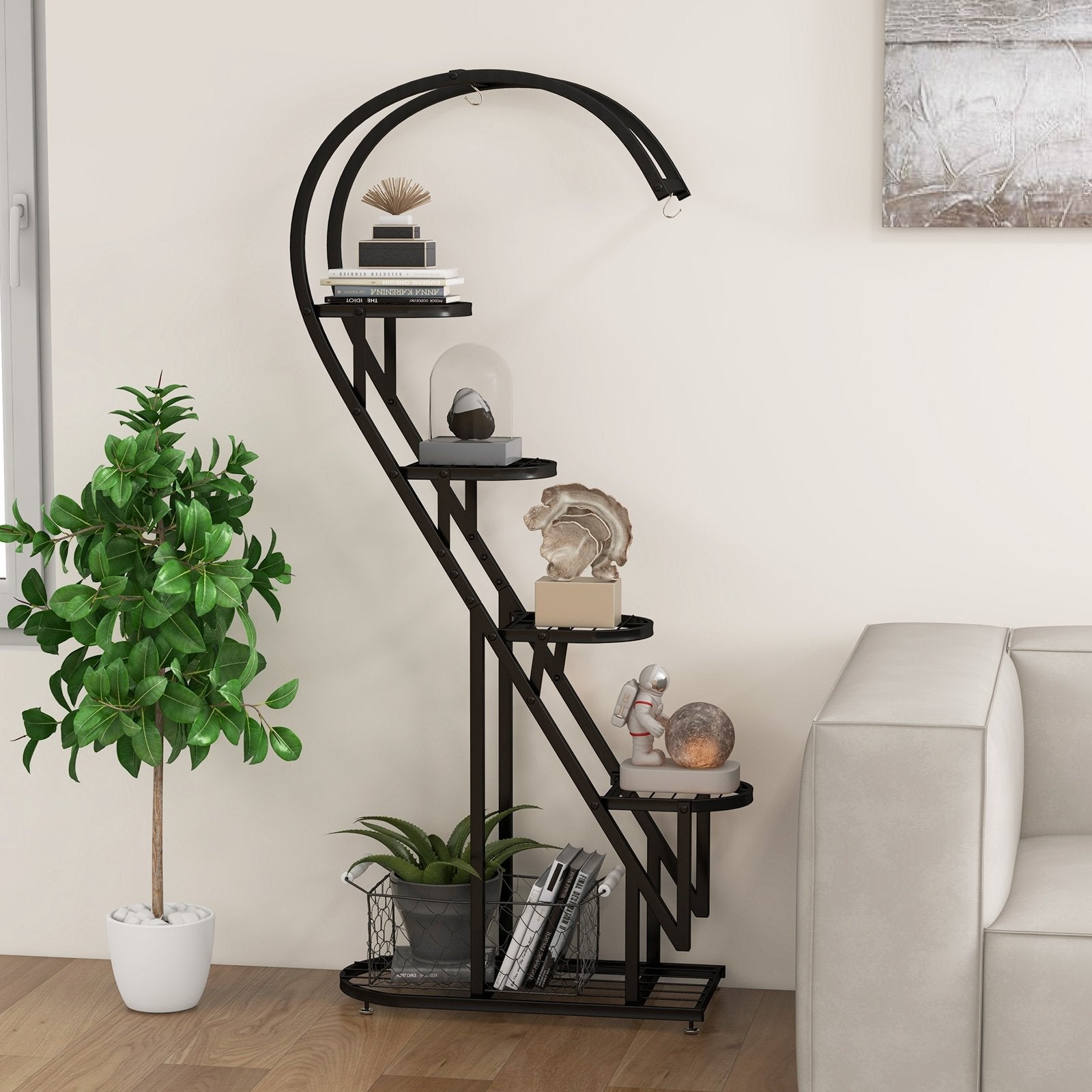 5 Tier Metal Plant Stand with Hanging Hook for Multiple Plants, Black - Gallery Canada