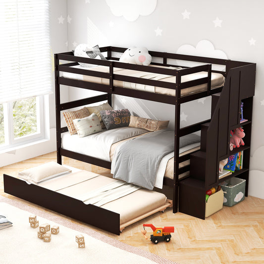 Home Wood Bunk Bed with Guard Rail and 4-step Storage Stairs No Box Spring Needed, Brown - Gallery Canada