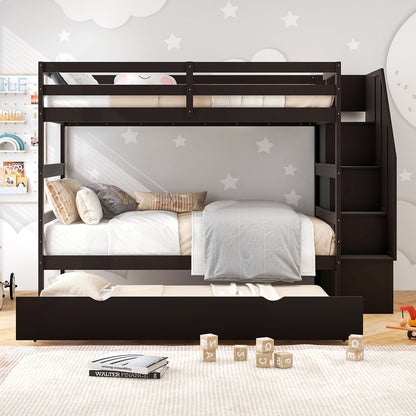 Home Wood Bunk Bed with Guard Rail and 4-step Storage Stairs No Box Spring Needed, Brown Bunk Bed Frame   at Gallery Canada