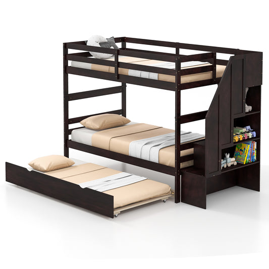 Home Wood Bunk Bed with Guard Rail and 4-step Storage Stairs No Box Spring Needed, Brown - Gallery Canada