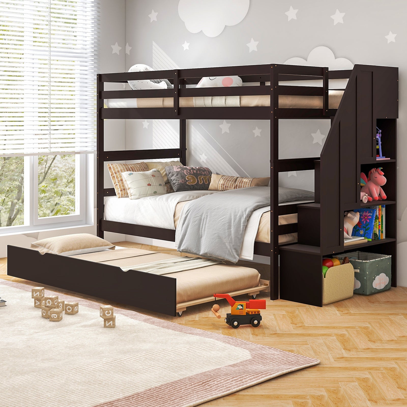 Home Wood Bunk Bed with Guard Rail and 4-step Storage Stairs No Box Spring Needed, Brown Bunk Bed Frame   at Gallery Canada