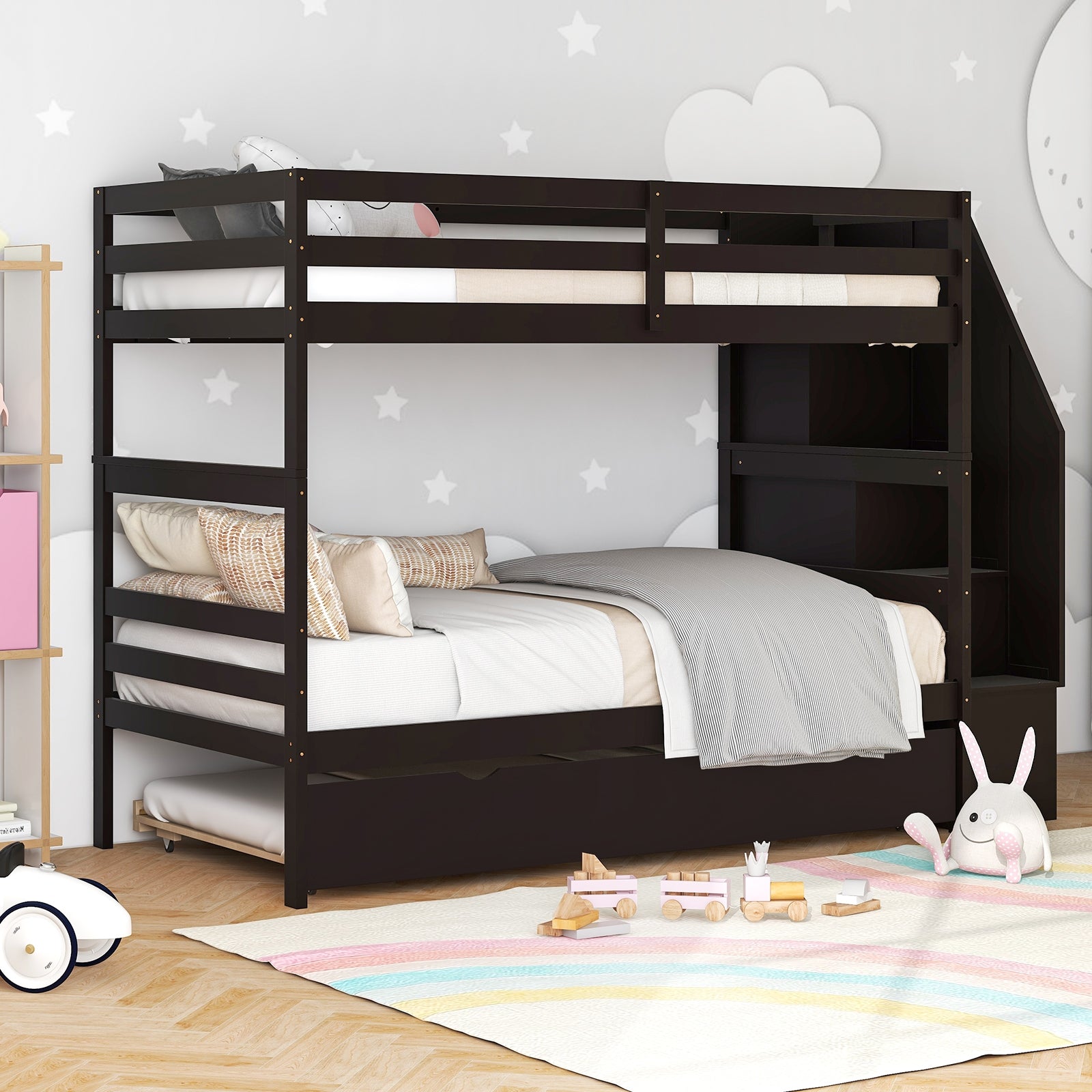 Home Wood Bunk Bed with Guard Rail and 4-step Storage Stairs No Box Spring Needed, Brown Bunk Bed Frame   at Gallery Canada