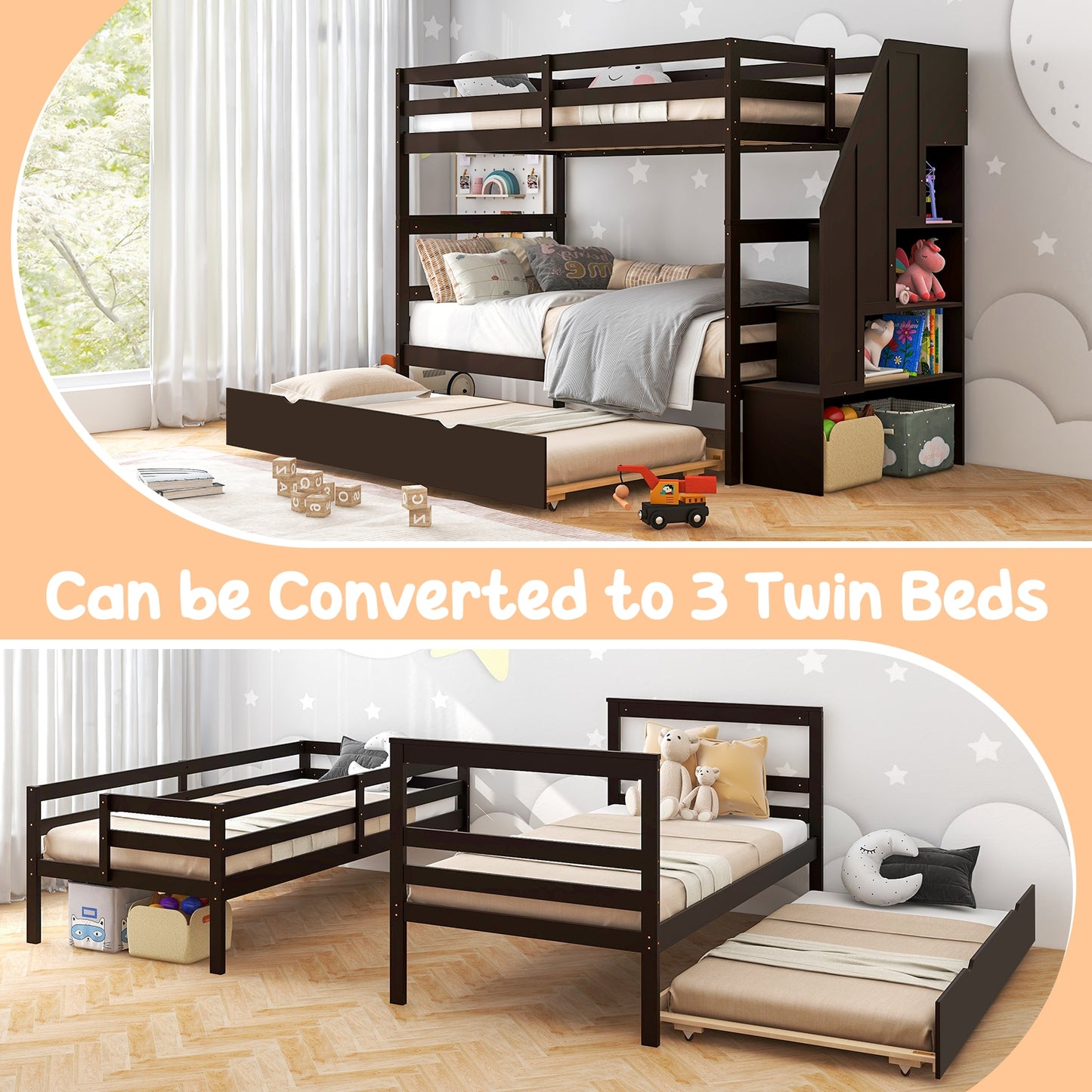 Home Wood Bunk Bed with Guard Rail and 4-step Storage Stairs No Box Spring Needed, Brown Bunk Bed Frame   at Gallery Canada