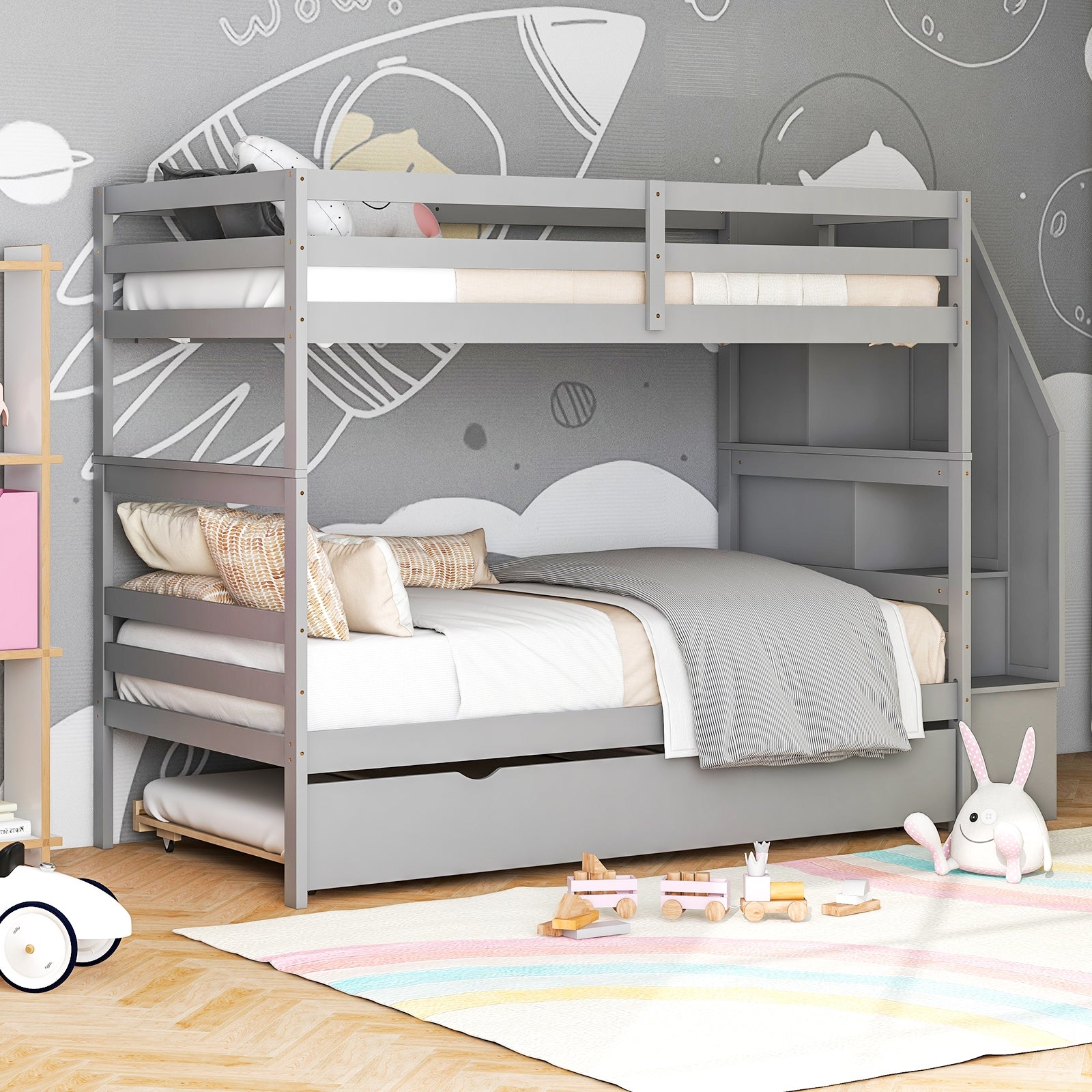 Home Wood Bunk Bed with Guard Rail and 4-step Storage Stairs No Box Spring Needed, Gray Bunk Bed Frame   at Gallery Canada