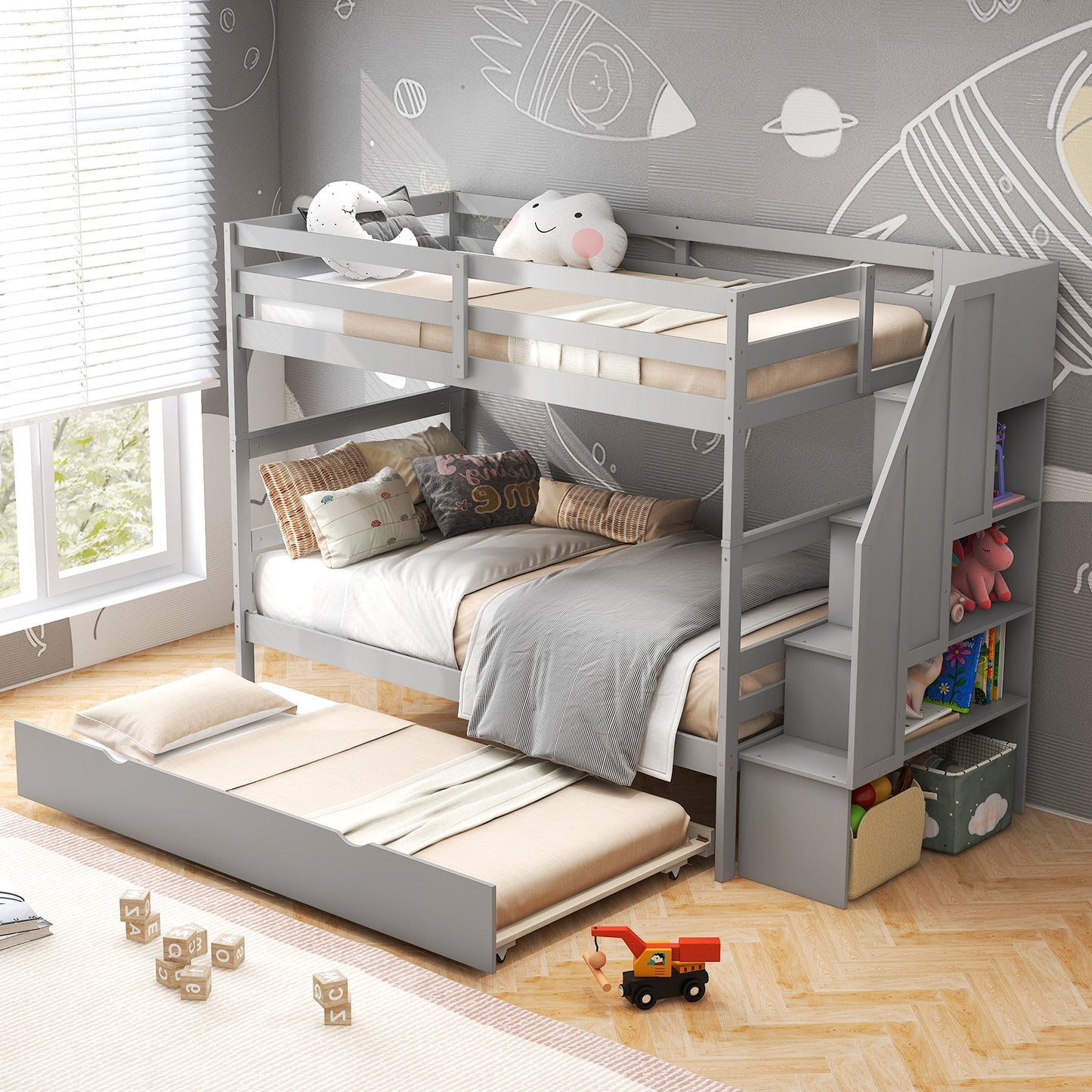 Home Wood Bunk Bed with Guard Rail and 4-step Storage Stairs No Box Spring Needed, Gray Bunk Bed Frame   at Gallery Canada