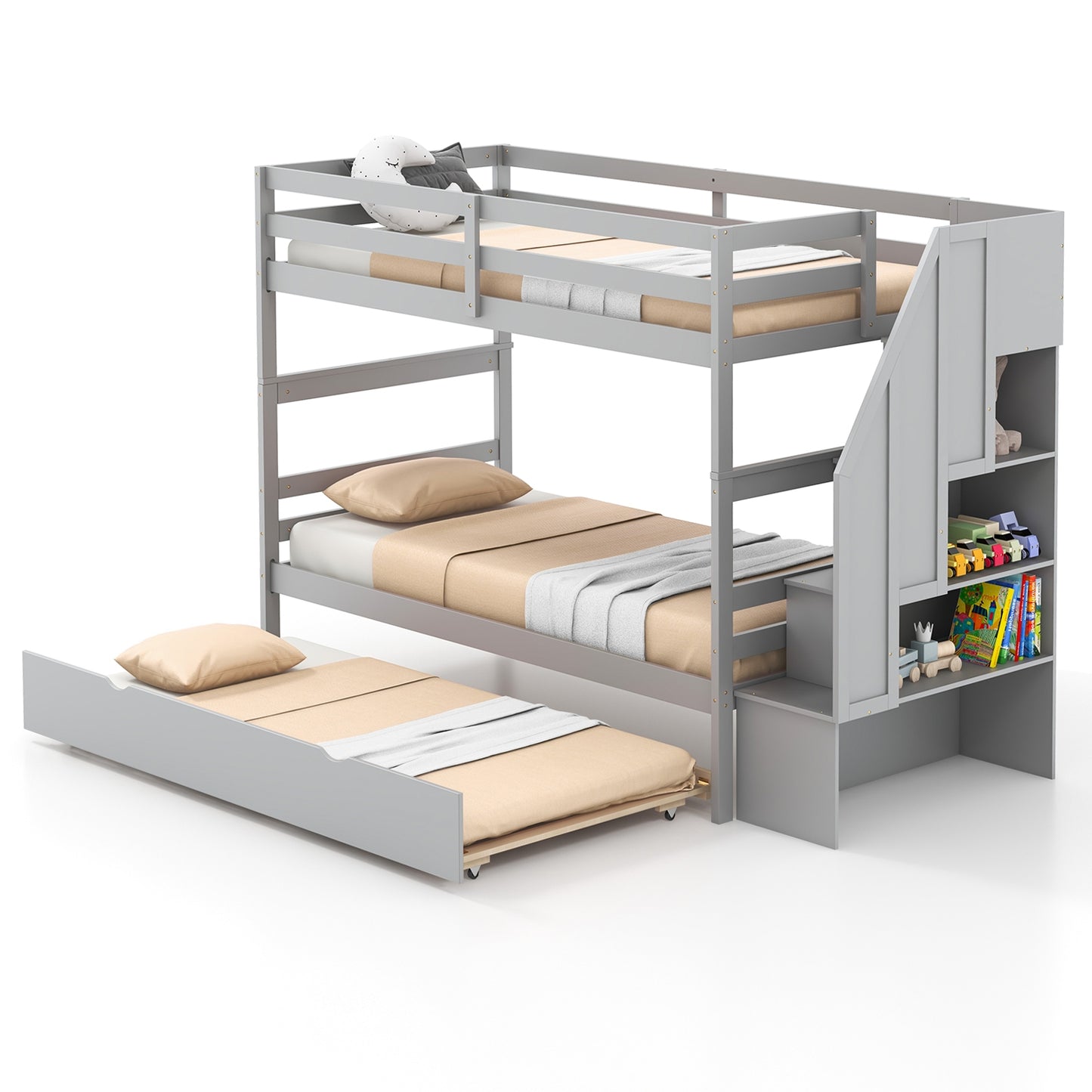 Home Wood Bunk Bed with Guard Rail and 4-step Storage Stairs No Box Spring Needed, Gray Bunk Bed Frame Gray  at Gallery Canada