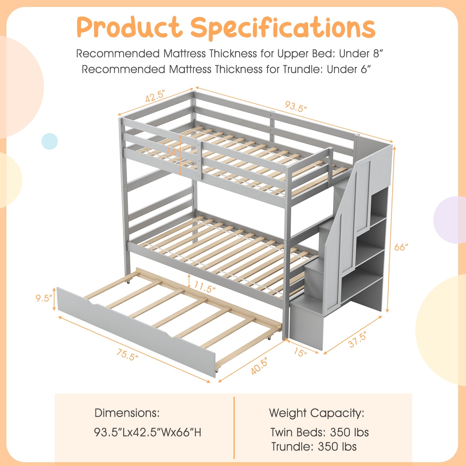 Home Wood Bunk Bed with Guard Rail and 4-step Storage Stairs No Box Spring Needed, Gray Bunk Bed Frame   at Gallery Canada