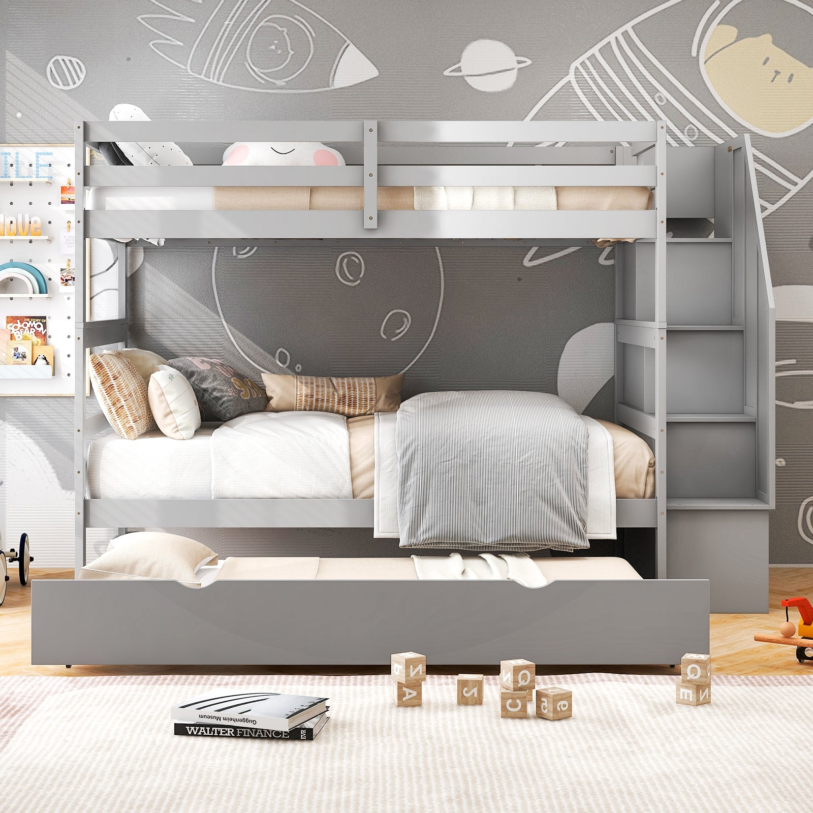 Home Wood Bunk Bed with Guard Rail and 4-step Storage Stairs No Box Spring Needed, Gray Bunk Bed Frame   at Gallery Canada