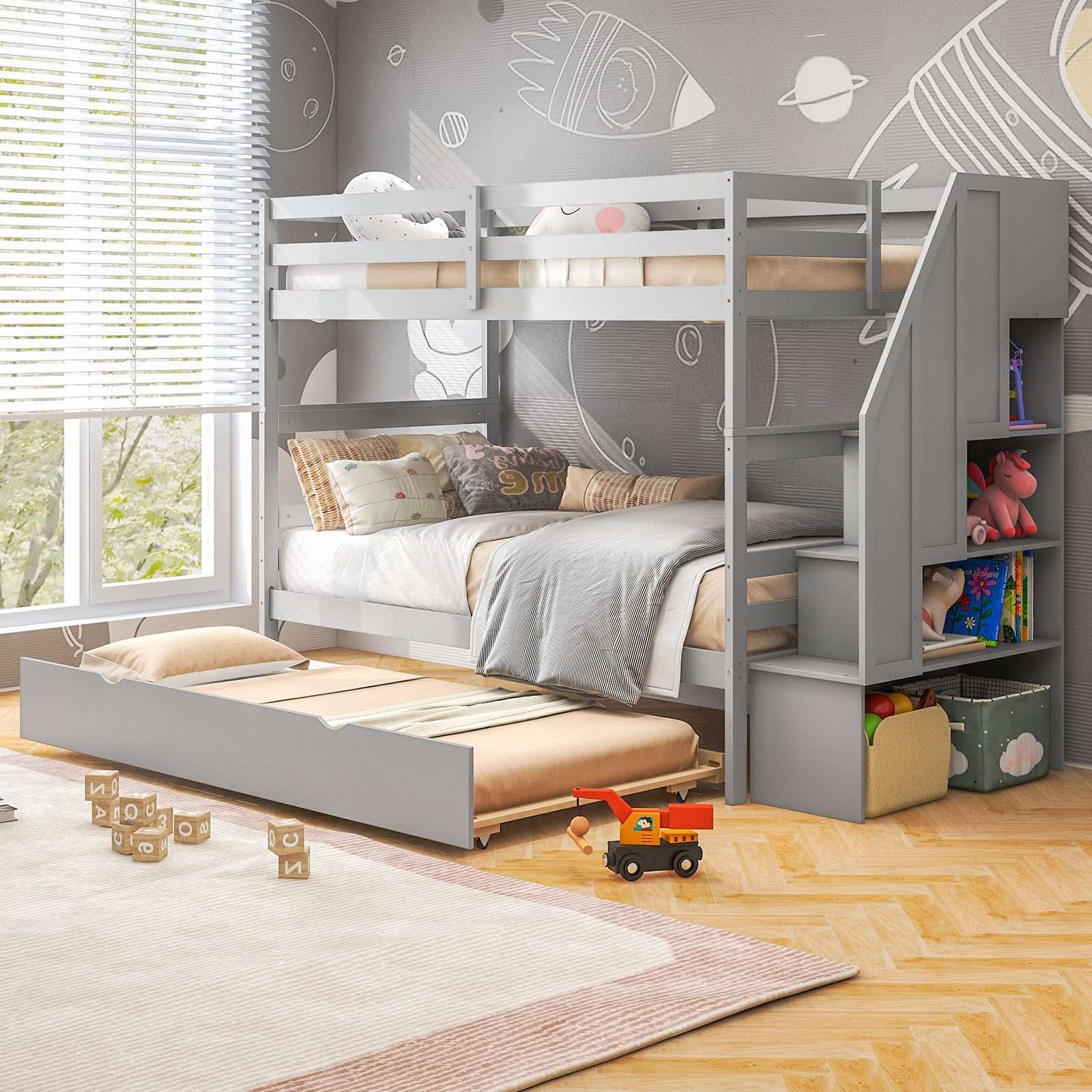 Home Wood Bunk Bed with Guard Rail and 4-step Storage Stairs No Box Spring Needed, Gray Bunk Bed Frame   at Gallery Canada