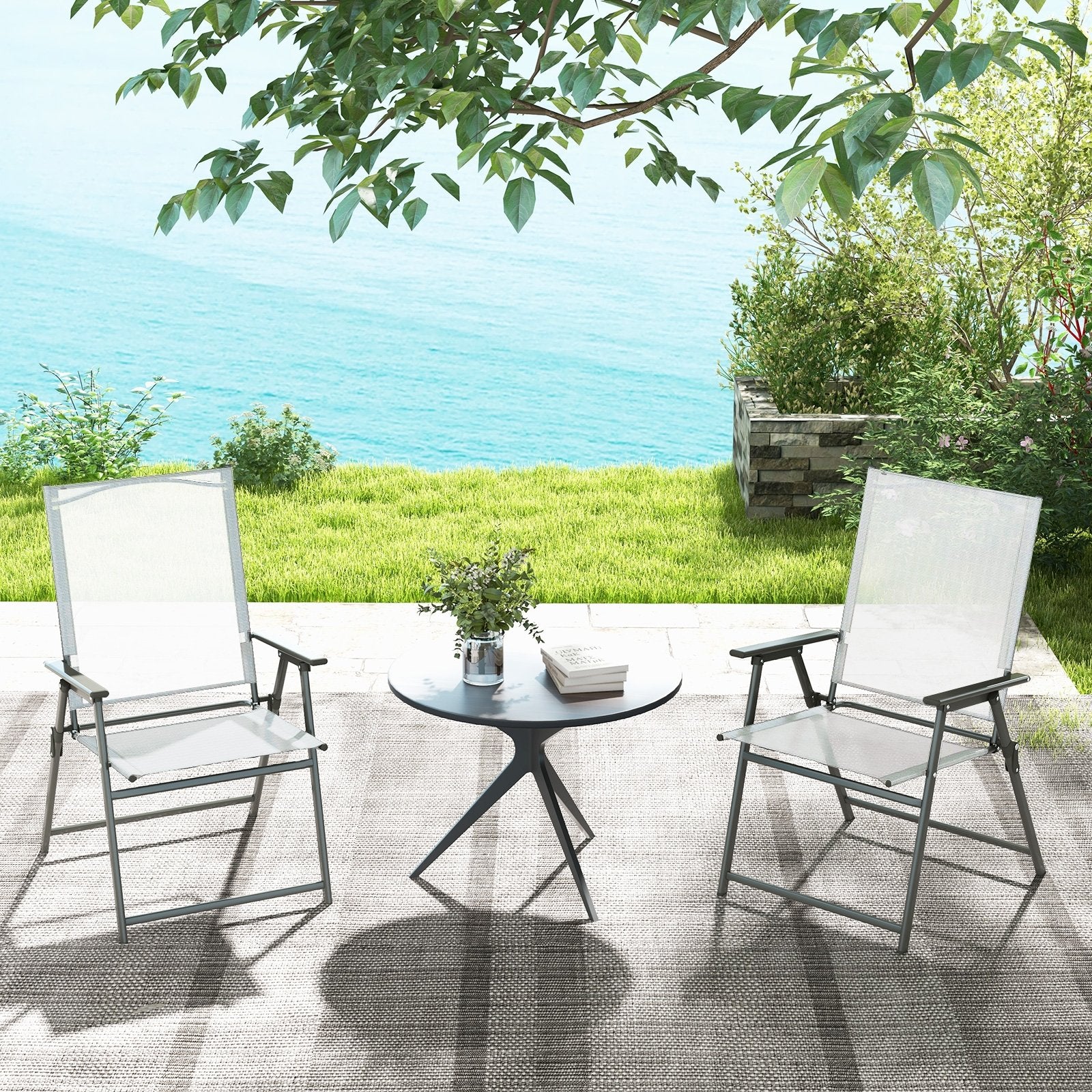 Set of 4 Patio Folding Chair Set with Rustproof Metal Frame, White Beach & Lawn Chairs   at Gallery Canada