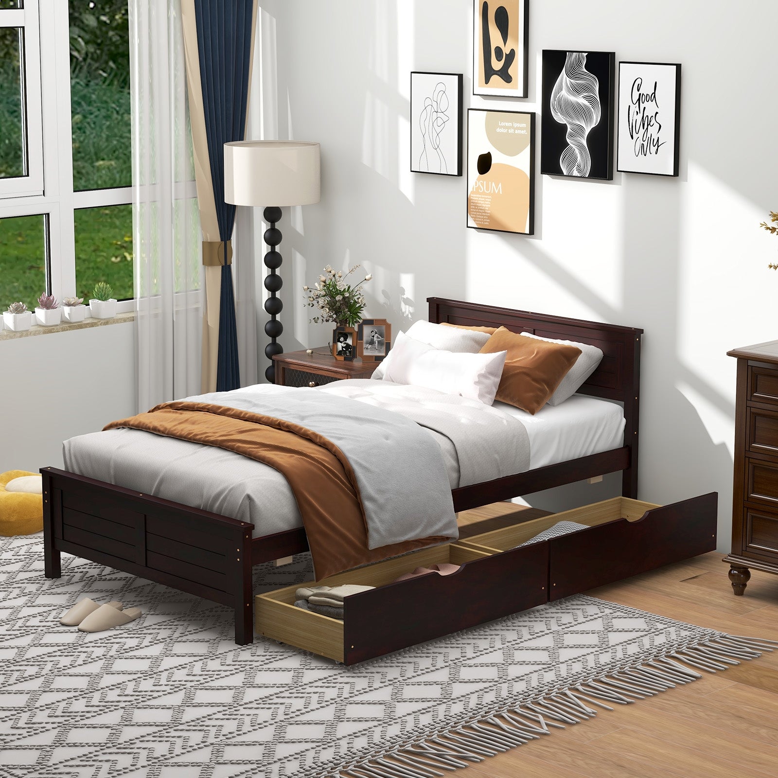 Twin Size Bed Frame with Storage Drawers, Espresso Trundle Bed Frame   at Gallery Canada