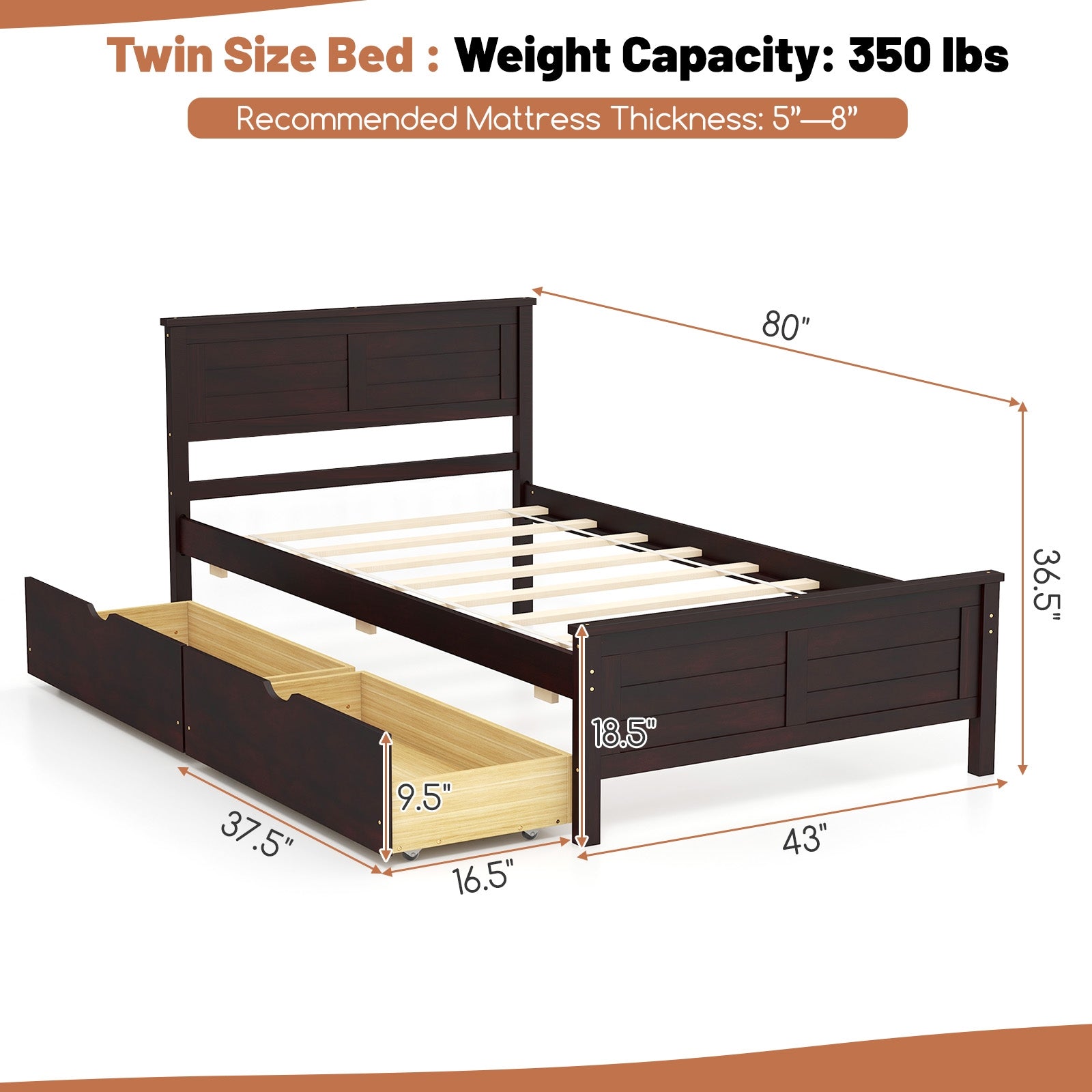 Twin Size Bed Frame with Storage Drawers, Espresso Trundle Bed Frame   at Gallery Canada